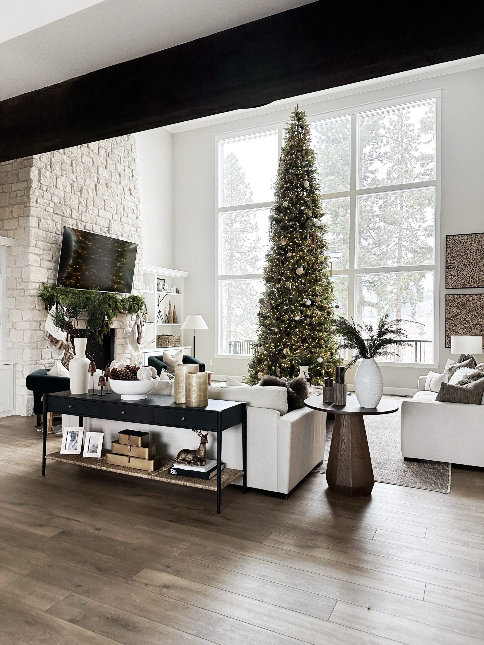 living room decor, holiday home decor, black table, christmas decor and design, 