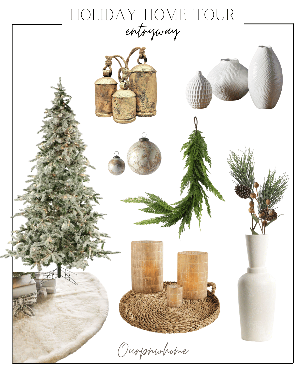 christmas tree, holiday home entryway items, faux fur tree skirt, ornaments, greenery, cream vases, candles, gold cowbells 