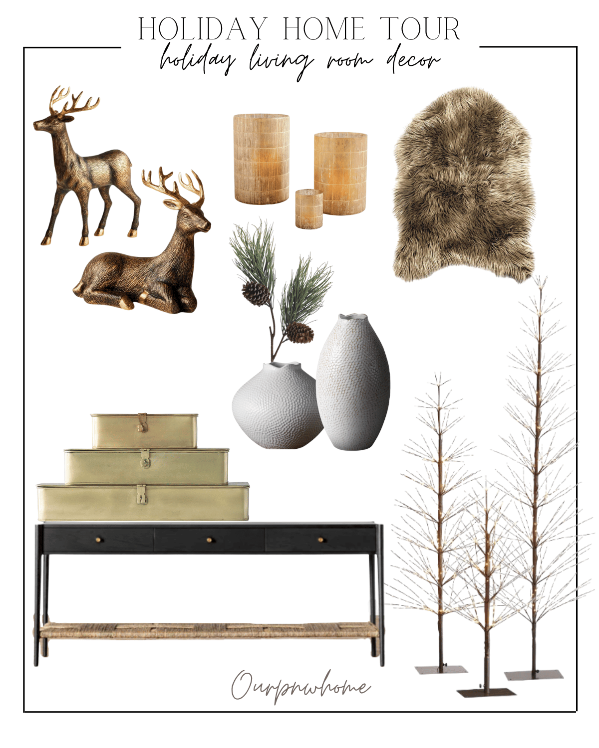 standing reindeer, laying down reindeer, linen textured candles, faux fur throw blanket. white textured vases, gold cases, black table, twinkling twig trees 