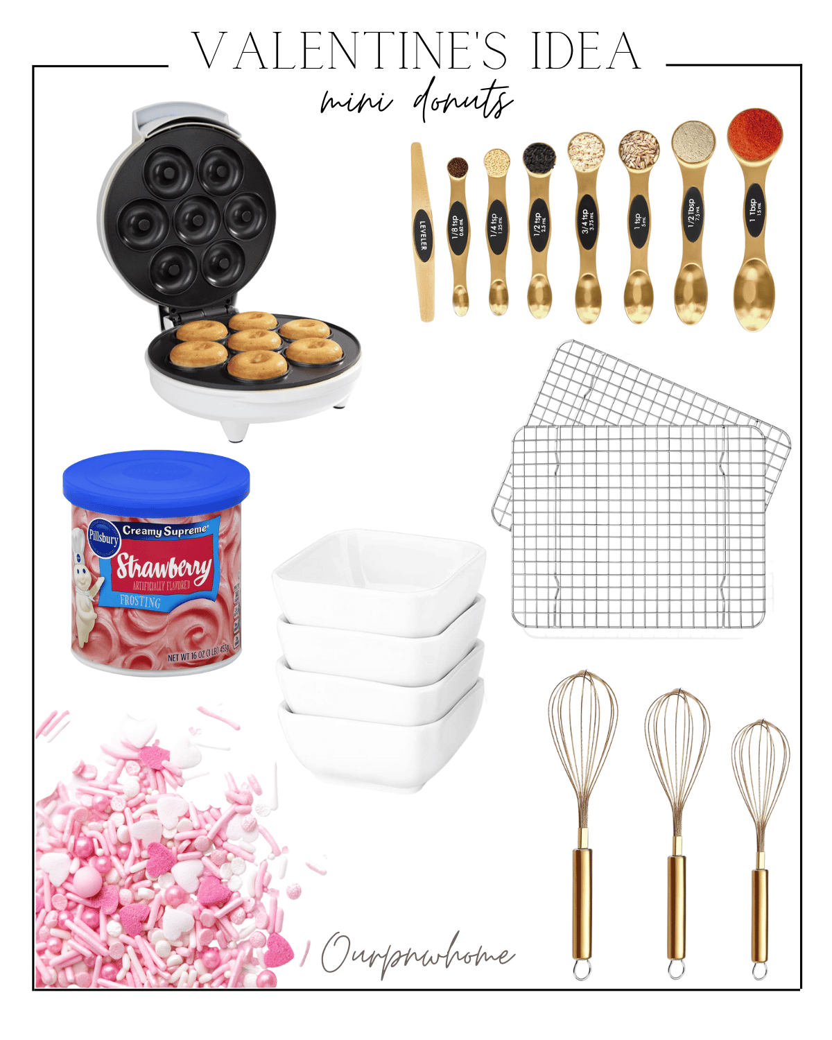 valentine's day ideas, mini donuts, galentines, dessert ideas, kitchen inspo, cooking at home, home kitchen essentials, mini donut maker, cooling rack, sprinkles, whisks, square bowls 