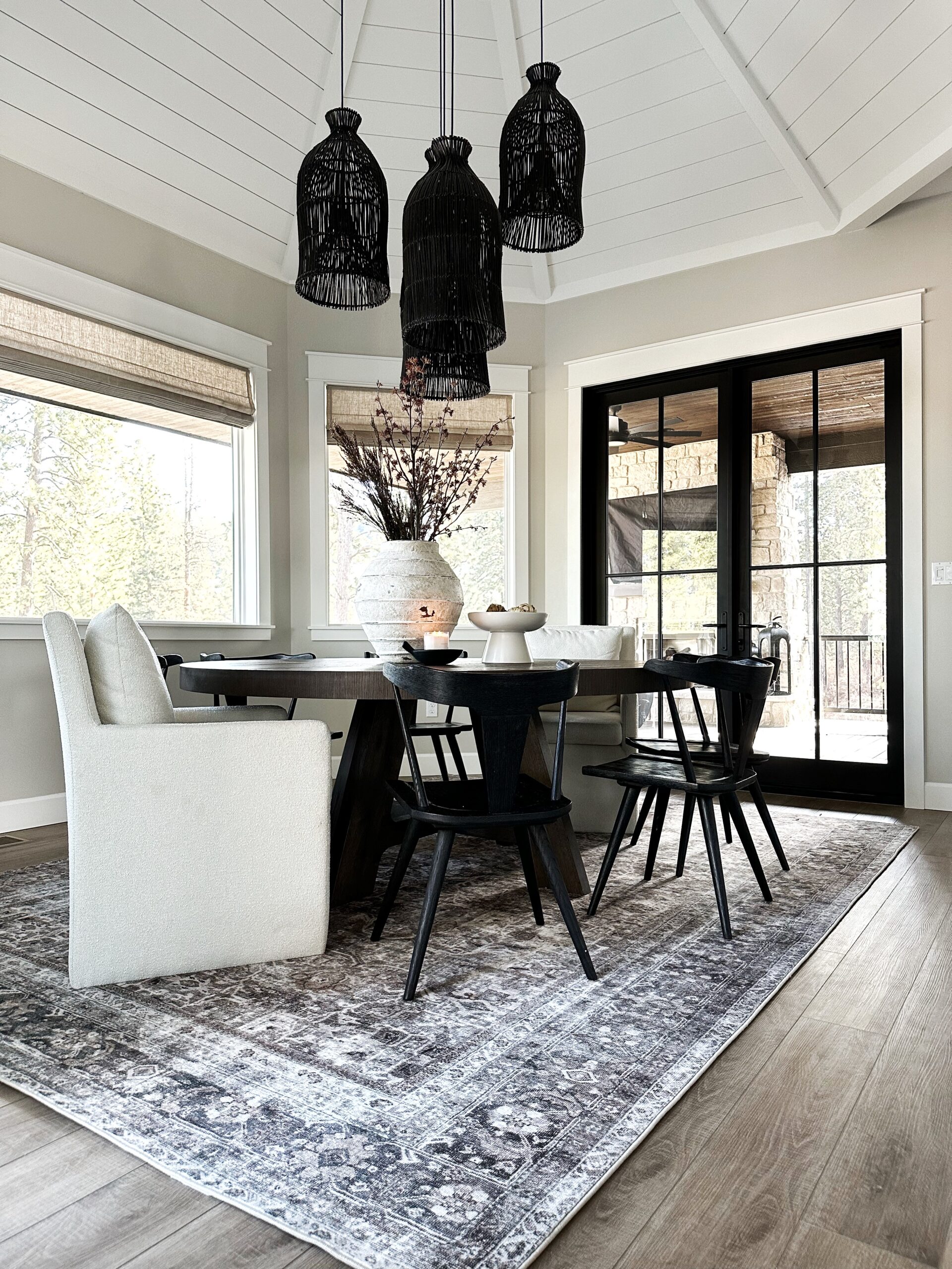 kitchen nook, dining refresh, modern rustic home, area rug, dining chairs, terracotta vase, hanging lights, home refresh, dining refresh 