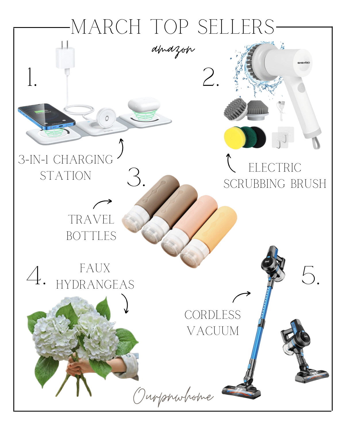 march top sellers, amazon, top 5 items, travel gadgets, charger, scrubbing brush, travel bottles, faux florals, cordless vacuum, amazon home finds 