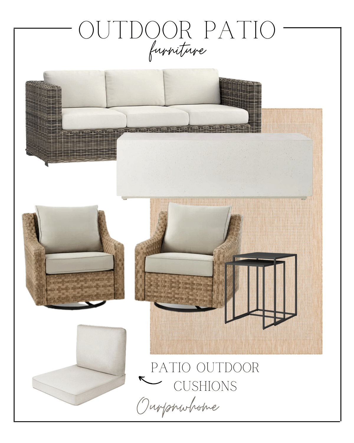 outdoor patio, furniture, patio furniture, outdoor seating, patio essentials, love seat, swivel chairs, outdoor patio rug, side tables, patio finds 