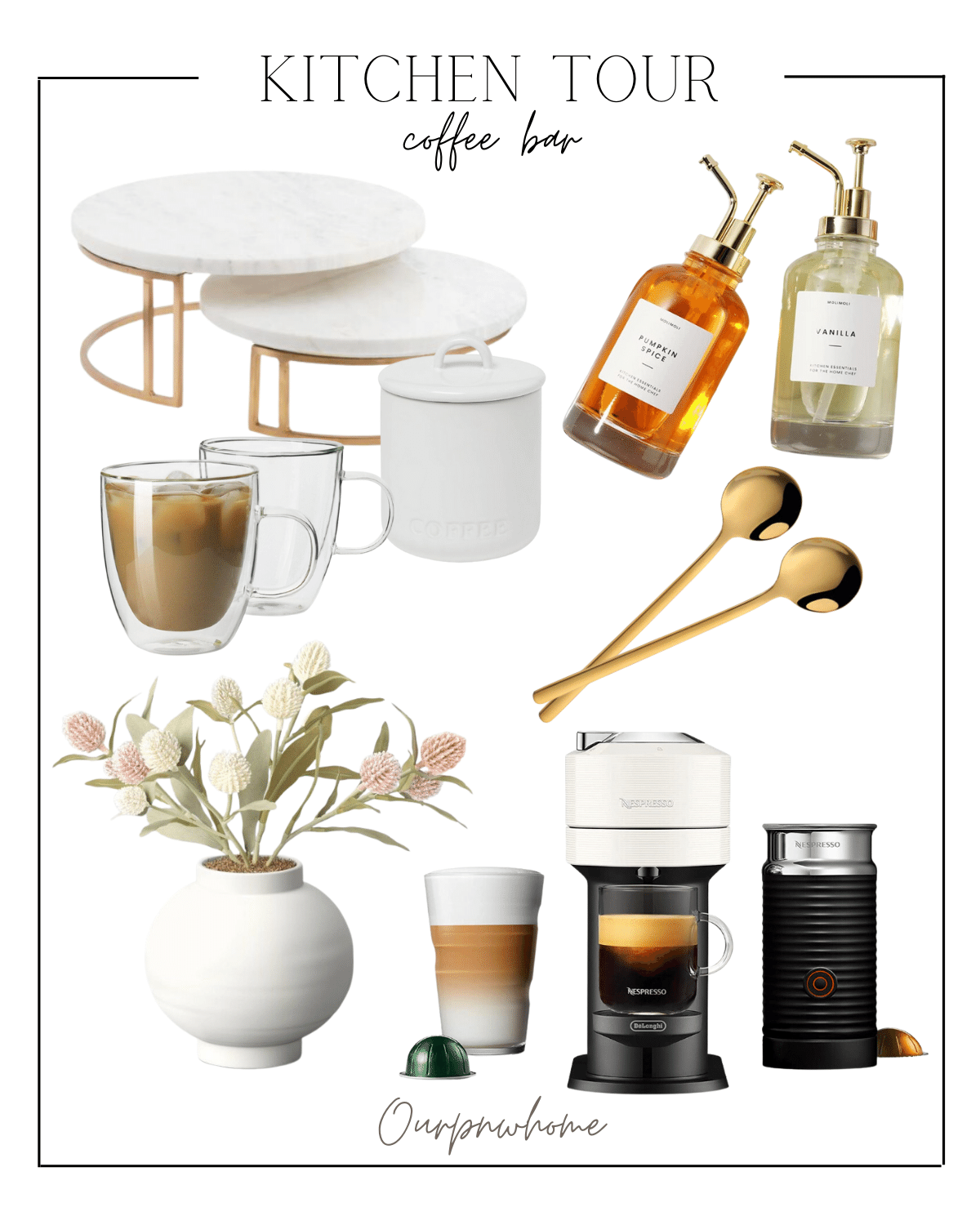 kitchen tour, marble tray, coffee syrup dispenser, glass coffee mugs, coffee pod container, gold spoons, mini spring floral vase, nespresso machine, modern kitchen, modern rustic kitchen decor 
