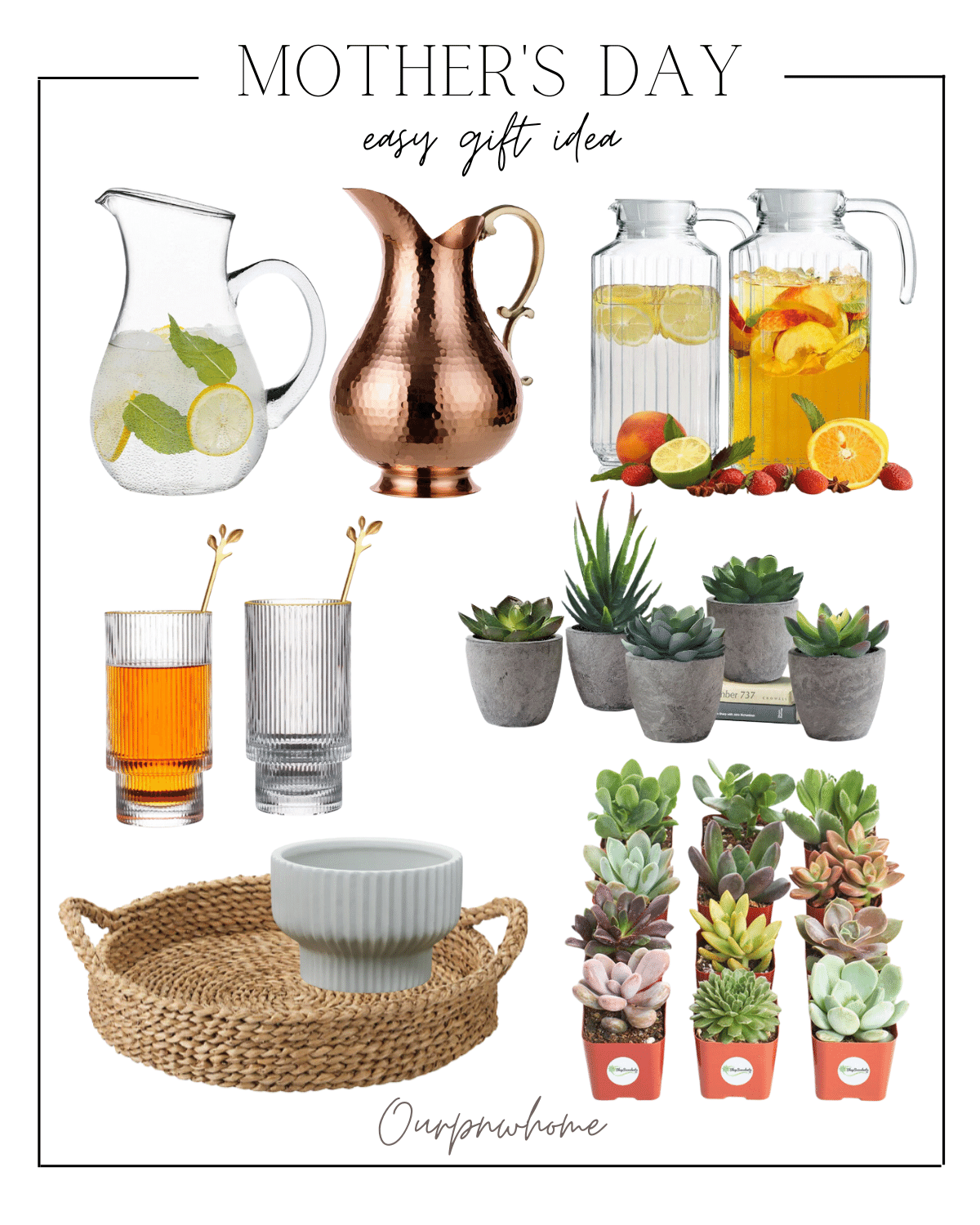 mother's day gift ideas, glass pitchers, copper pitcher, glass cups, succulents, tray, succulent pot, DIY mother's day gifts, last minute gift ideas 
