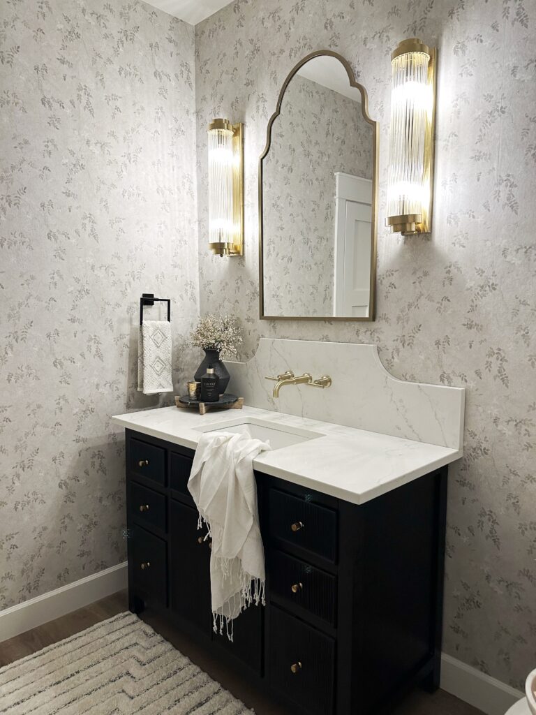 bathroom reveal, powder bathroom, bathroom decor, designing, modern home style, modern bathroom, white bathroom, black accent decor, eucalyptus, dried florals, bathroom inspo 