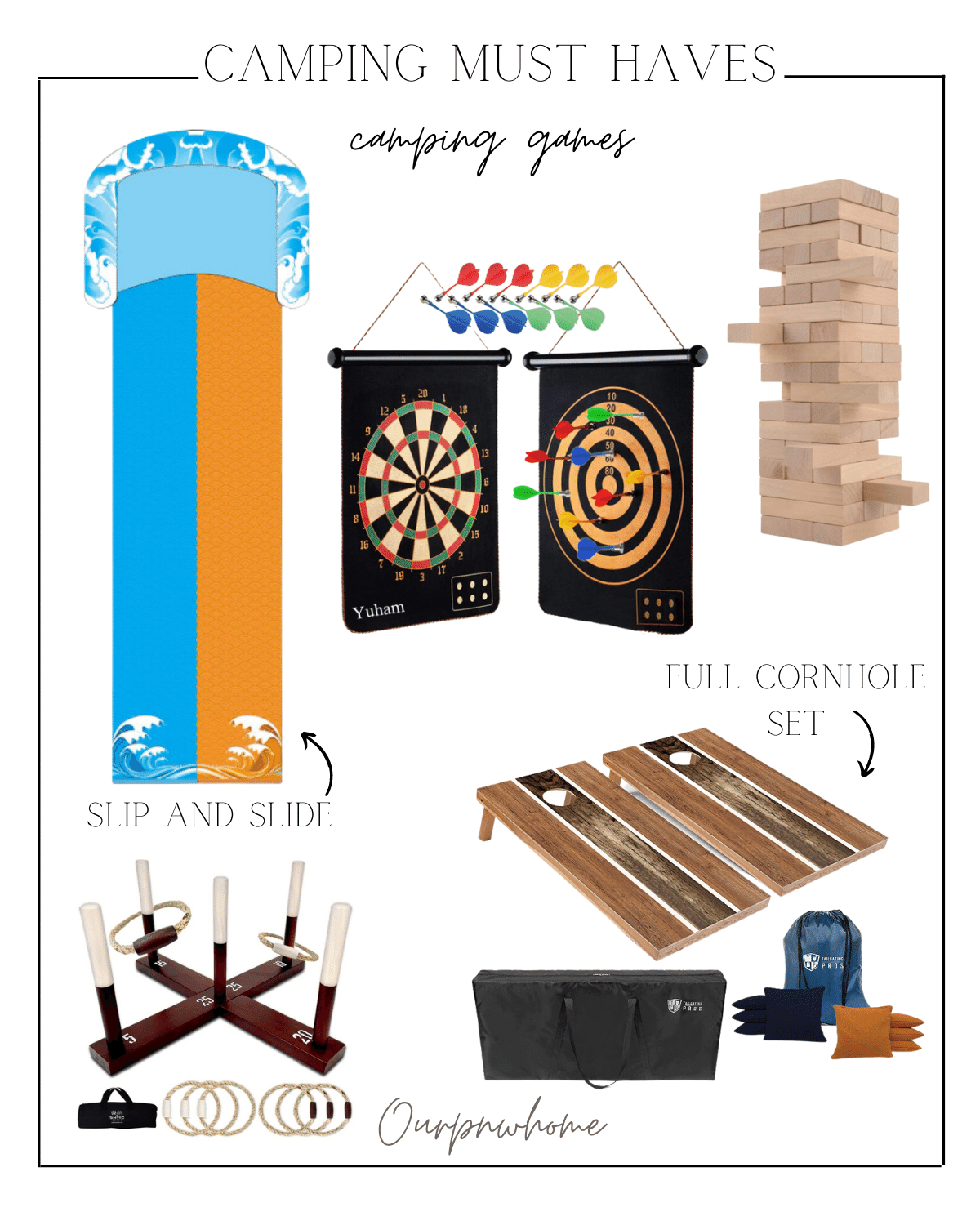 camper games, camping must haves, camping games, games for kids, games for adults, jenga, darts, slip and slide, cornhole, ring toss 