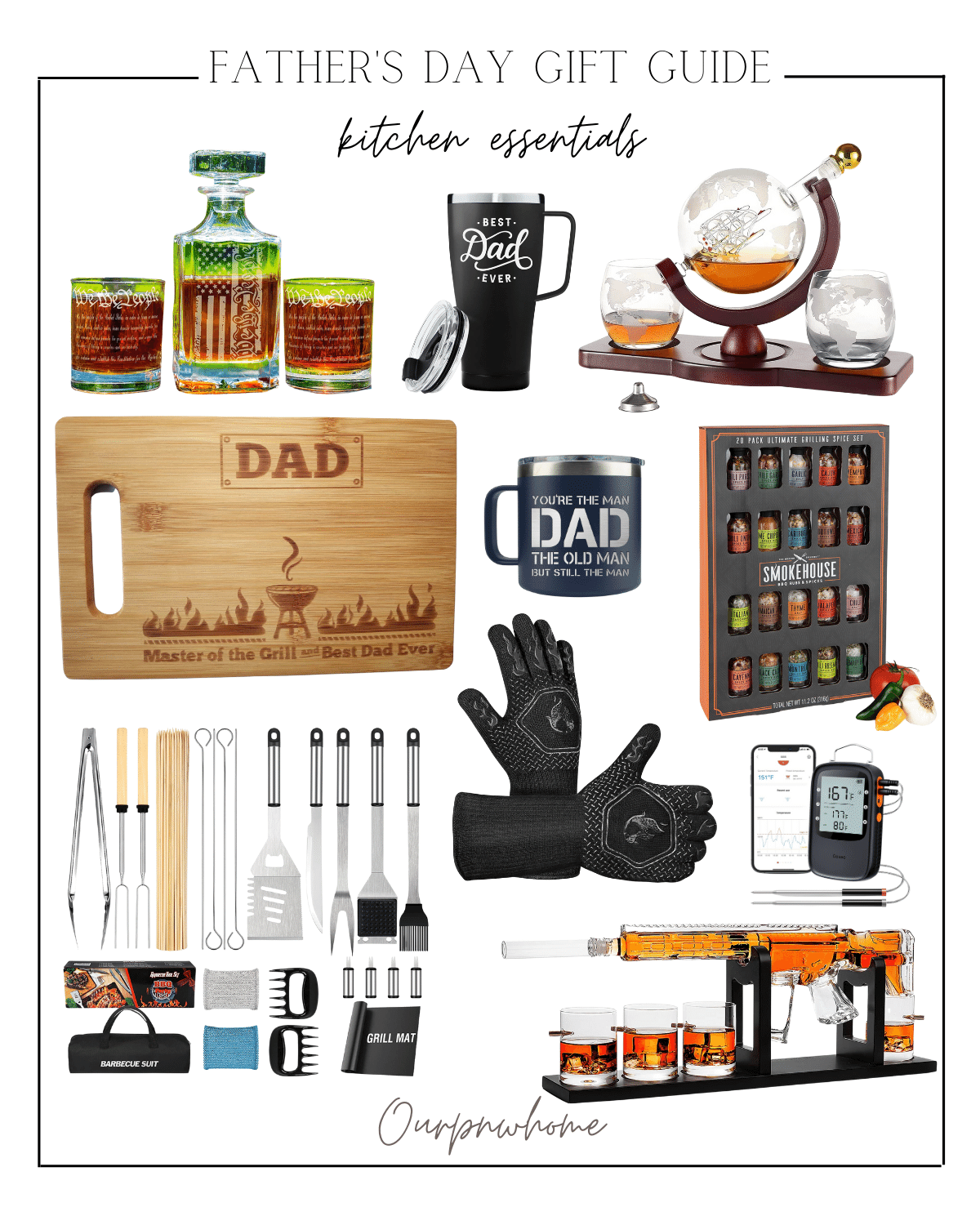 gift guide for father's day, father's day gifts, whiskey barrels, drinking, grilling essentials, mens kitchen must haves 
