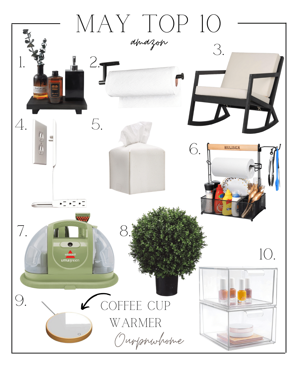 may top 10, sink table, paper towel hook, rocking chair, extension cord, home decor patio finds, camping essentials, topiary plant, bissell cleaner, coffee cup warmer, organizer, home finds, best sellers