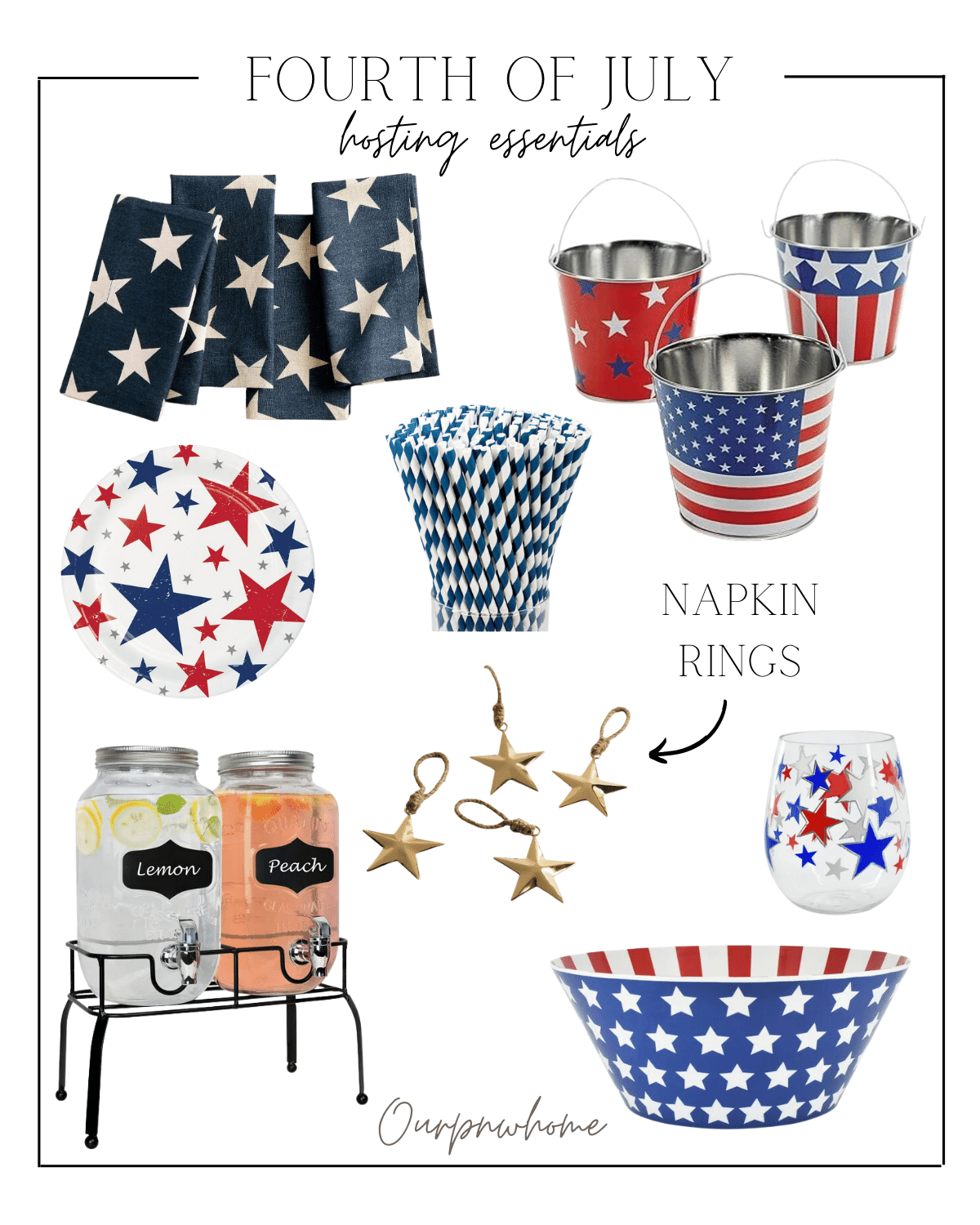 fourth of july, party decor, festive party decor, hosting essentials, beer buckets, napkins, plates, drink dispensers, 4th of july