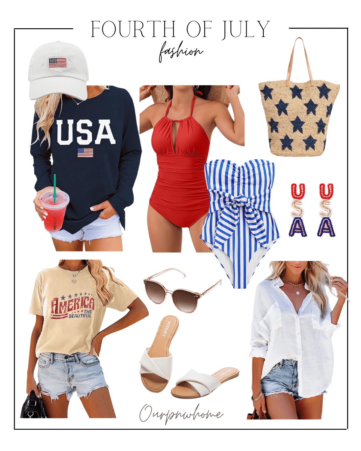 fourth of july, fashion, bathing suits, USA earrings, sandals, sunglasses, 4th of july graphic tees, pullover 