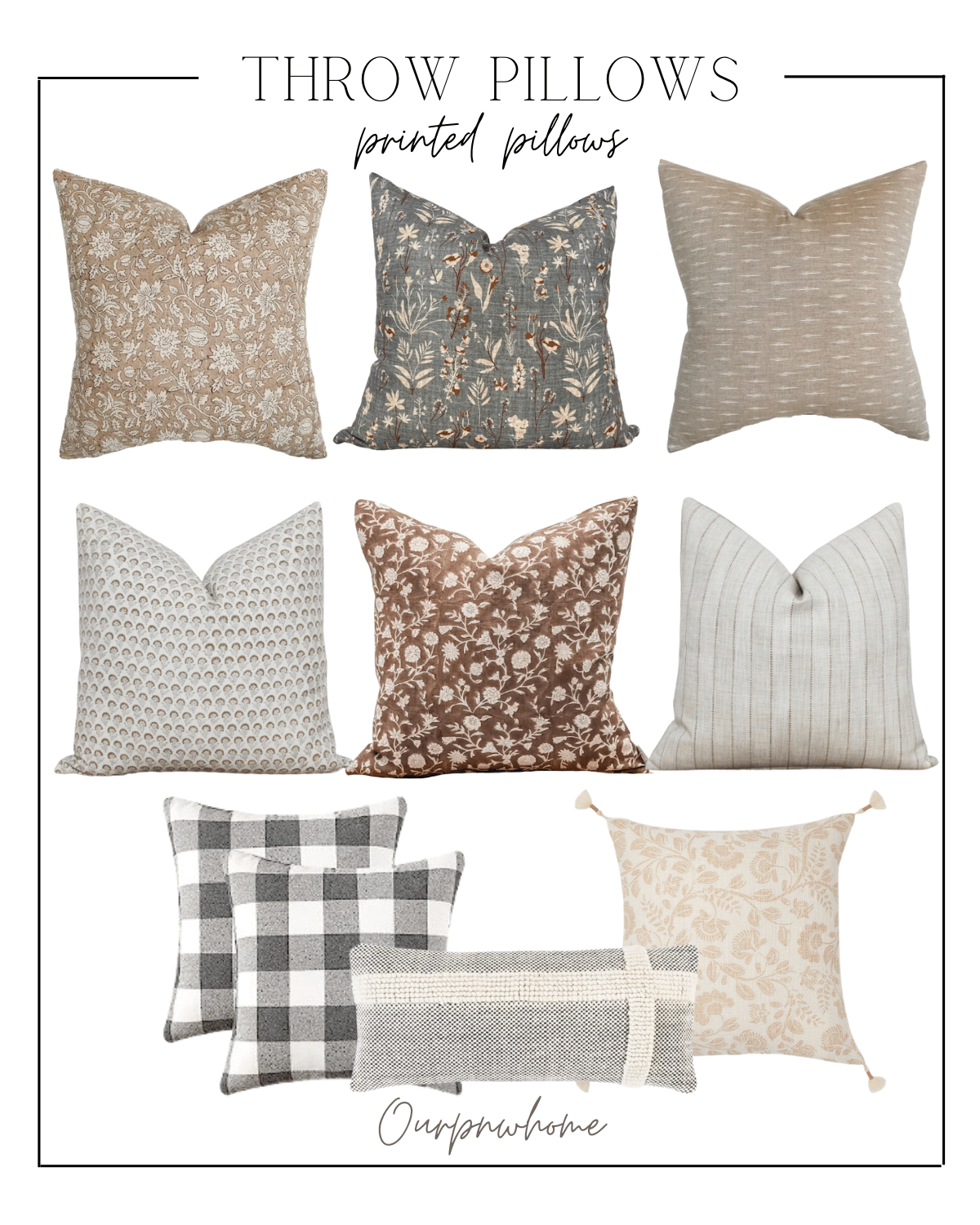 throw pillows, printed pillows, floral prints, pillow covers, accent pillows, neutral accent pillows, home decor, home styling 