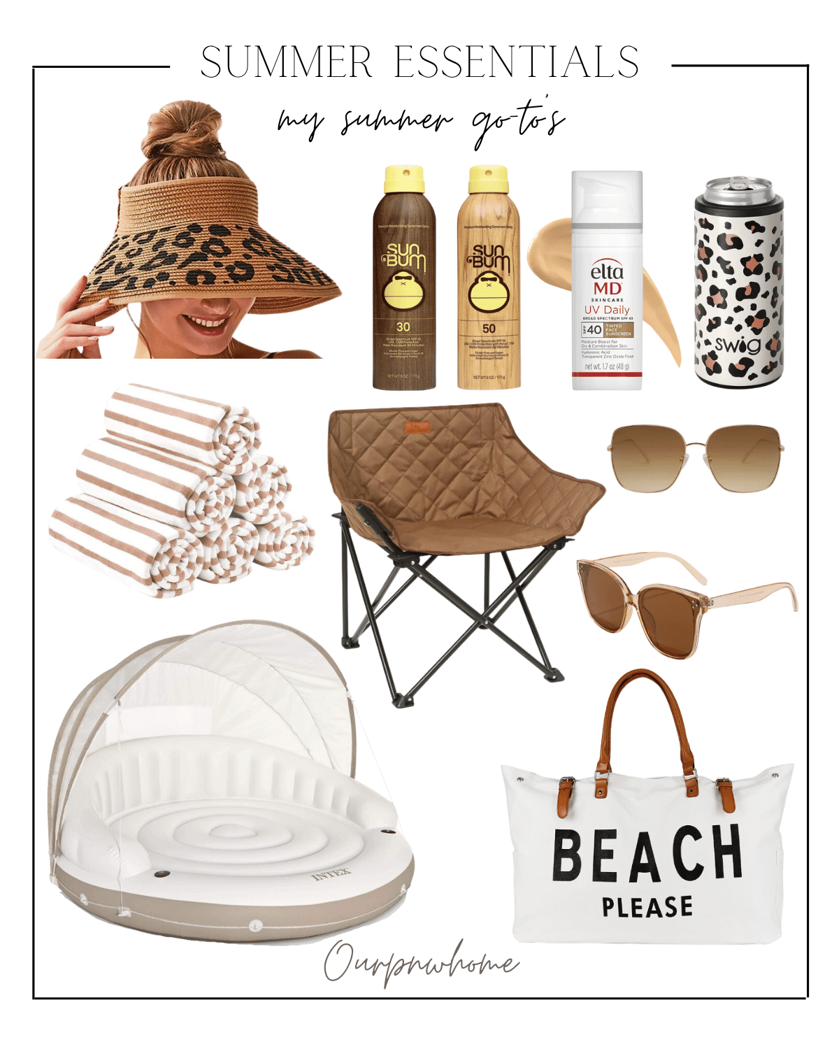 summer essentials, summer hat, visor, sunscreen, drink coozie, beach towels, lawn chair, gold sunglasses, pool floaty, beach bag 