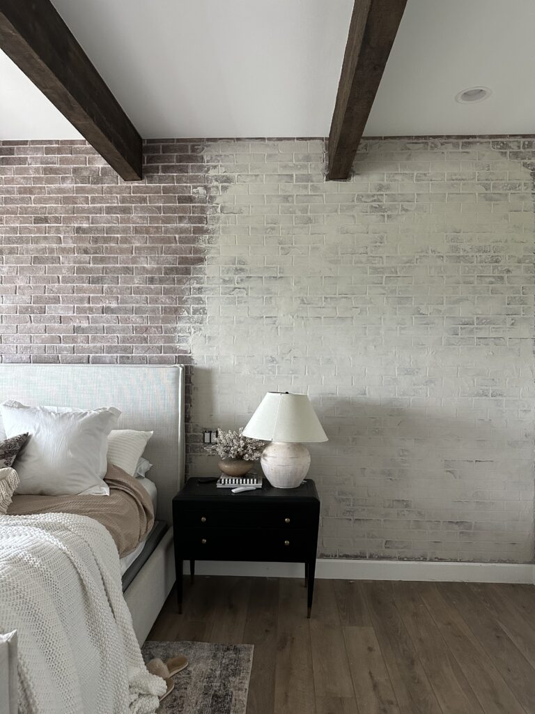faux limewash bedroom project | #faux #limewash #bedroom #porject #room #makeover #bed #frame #brickwall #white #neutral