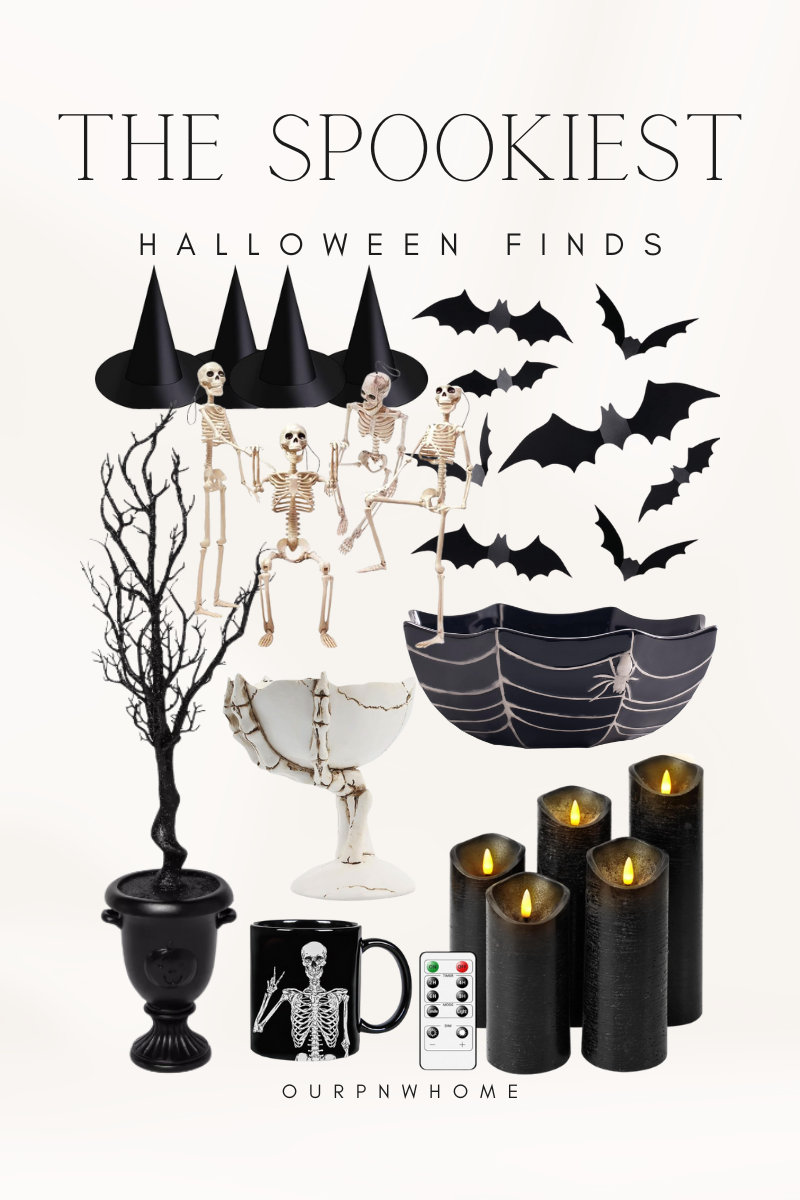 Halloween's spookiest finds | #halloween #spookiest #home #homedecor #halloweendecor #spooky #skeleton #pumpkin #witch #tree #bats #candybowl #flamelesscandle #hocuspocus #mug