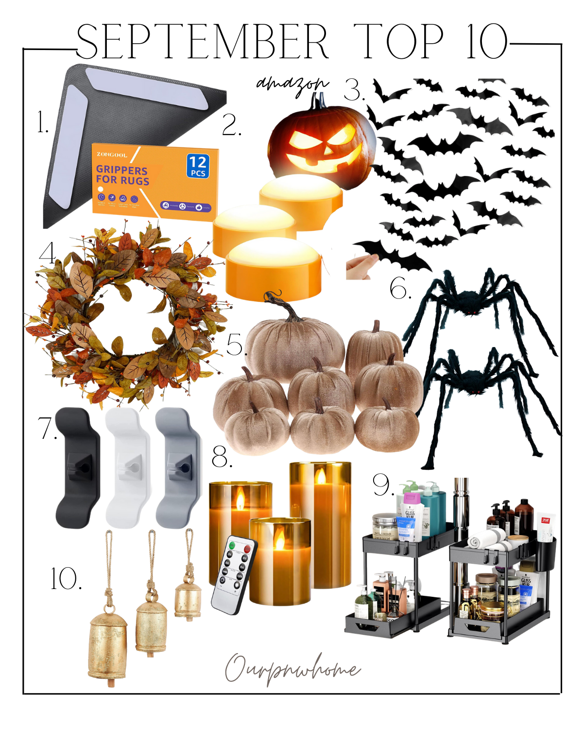 september's best selling items | #september #best #selling #items #topsellers #fall #homedecor #rugtape #pumpkin #lighting #bats #halloween #wreath #velvet #spiders #spooky #cord #flameless #organizer