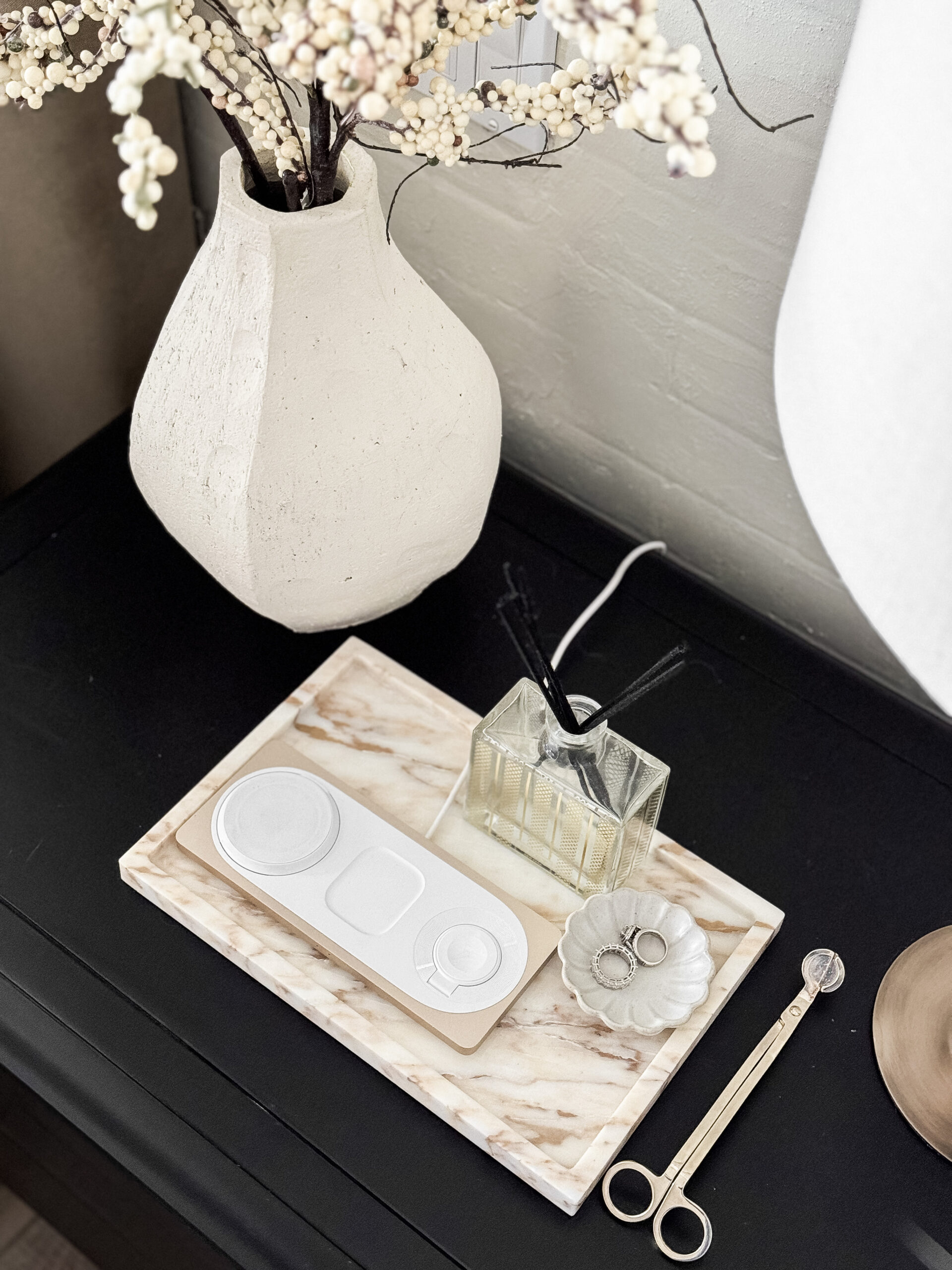 Jordyn's Latest Bedroom Refresh | Bedroom, bedroom makeover, bedroom refresh, room refresh, accent table, bedside table, marble, marble tray, diffuser, candle