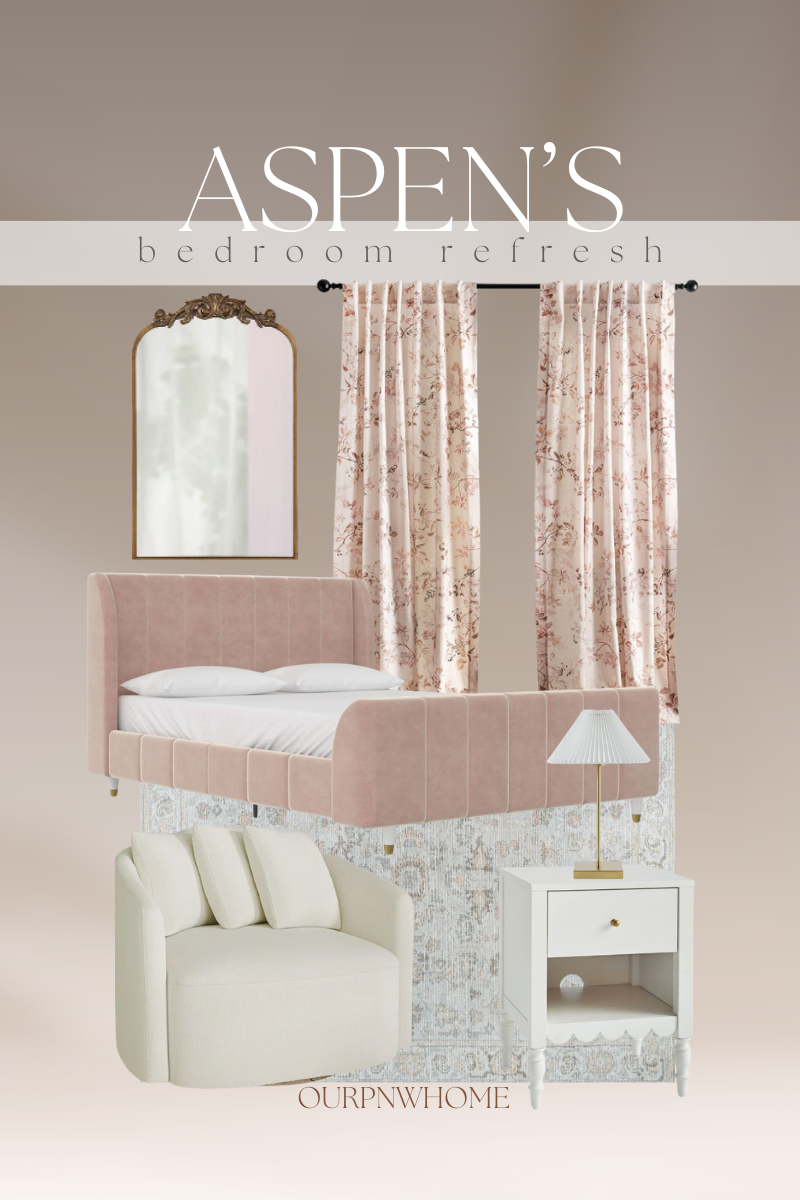 aspens room refresh pretty and pink | bedroom, room refresh, toddlers room, bed frame, mirror, wall mirror, drapes, curtains, floral, accent chair, table lamp, lighting, nightstand