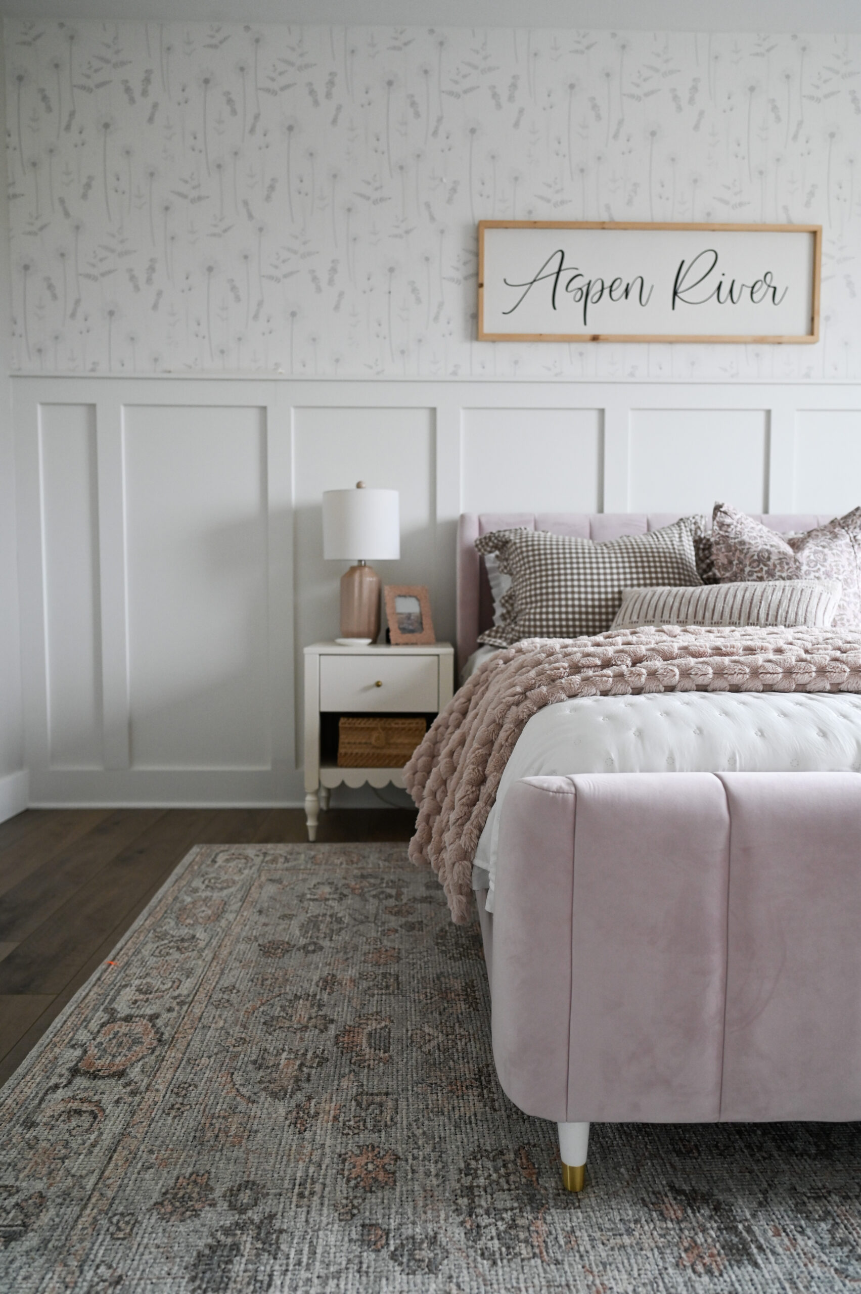 aspens room refresh pretty and pink | bedroom, room refresh, toddlers room, bed frame, toddler, kids room, wooden sign, bedding, wall paper, accent decor