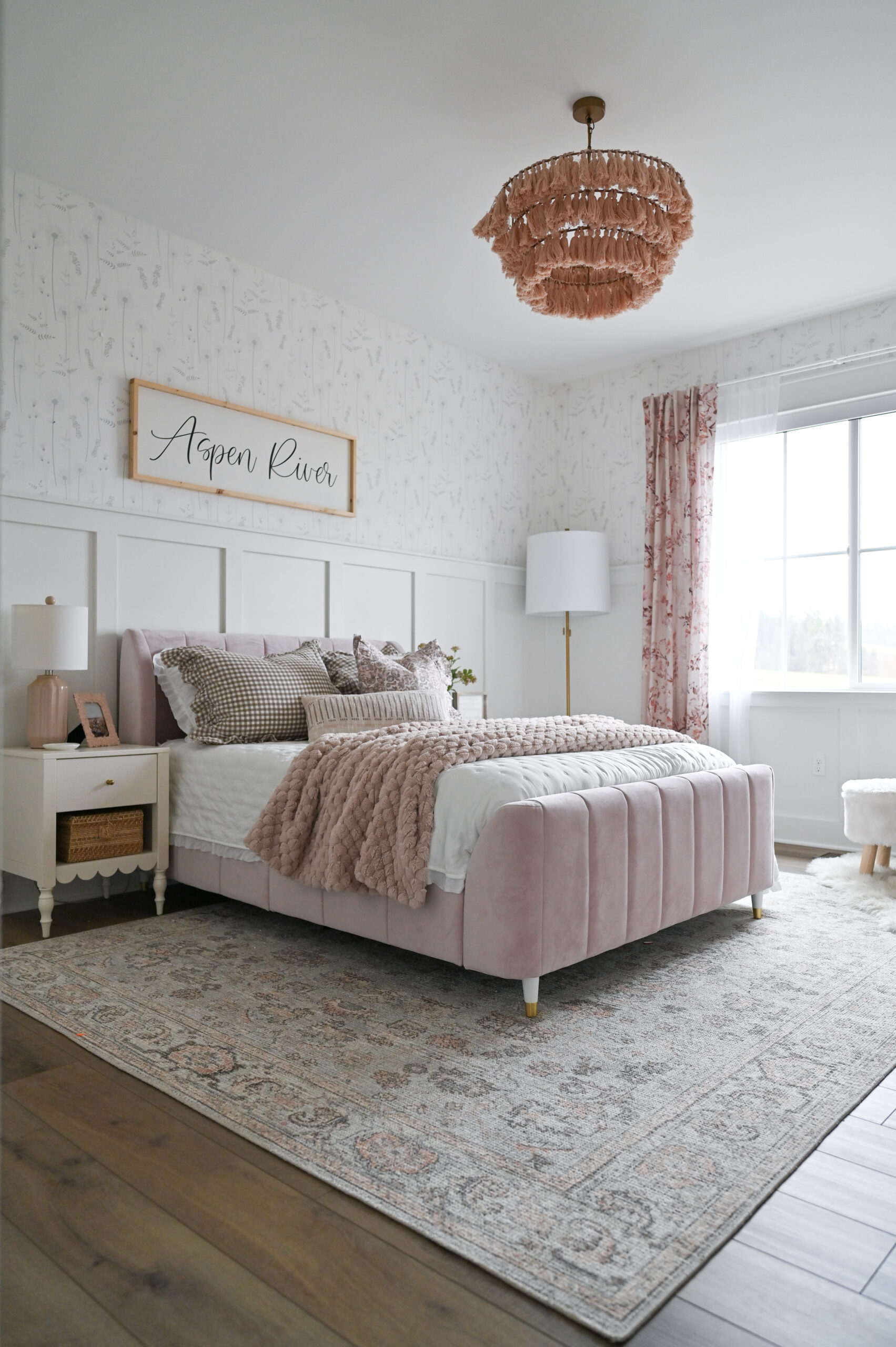 aspens room refresh pretty and pink | bedroom, room, room refresh, toddlers room, kids room, bed frame, lighting, bedding