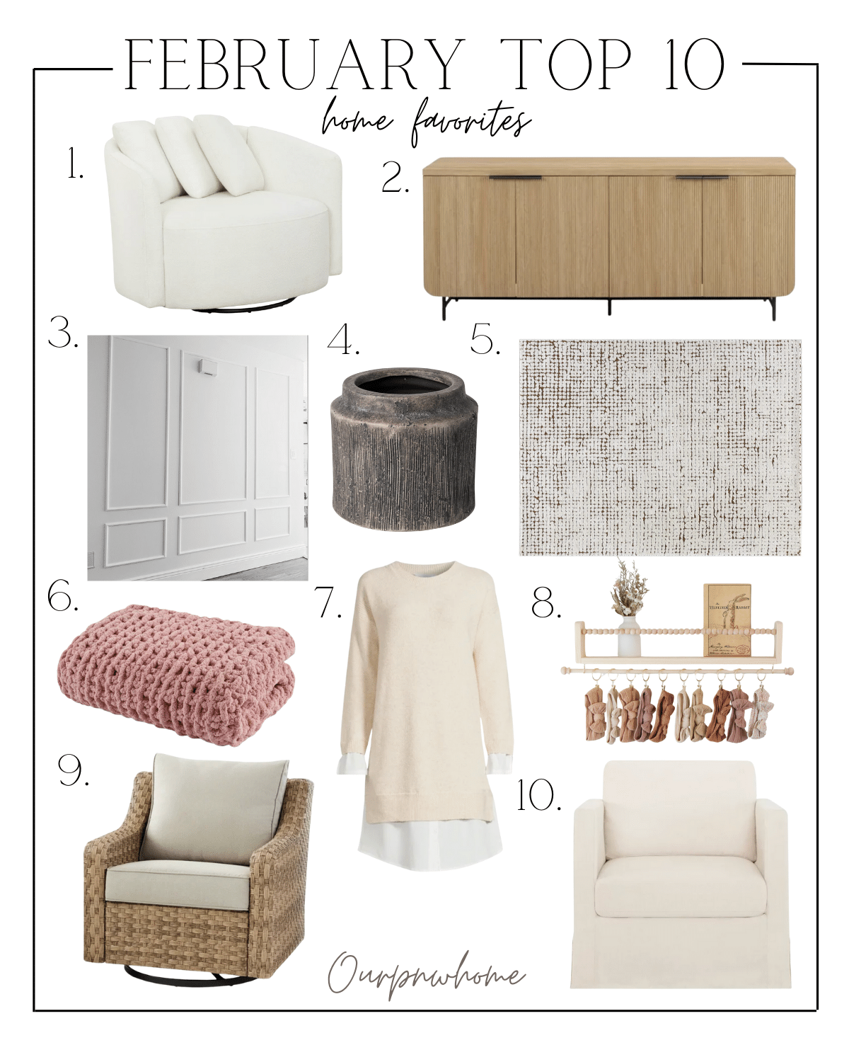 February's favorite home finds | February, monthly top seller, best seller, home, home decor, home finds, home favorites, accent chair, console table, wall trim, planter, area rug, throw blanket, shelf, sweater dress, outdoor, outdoor decor 