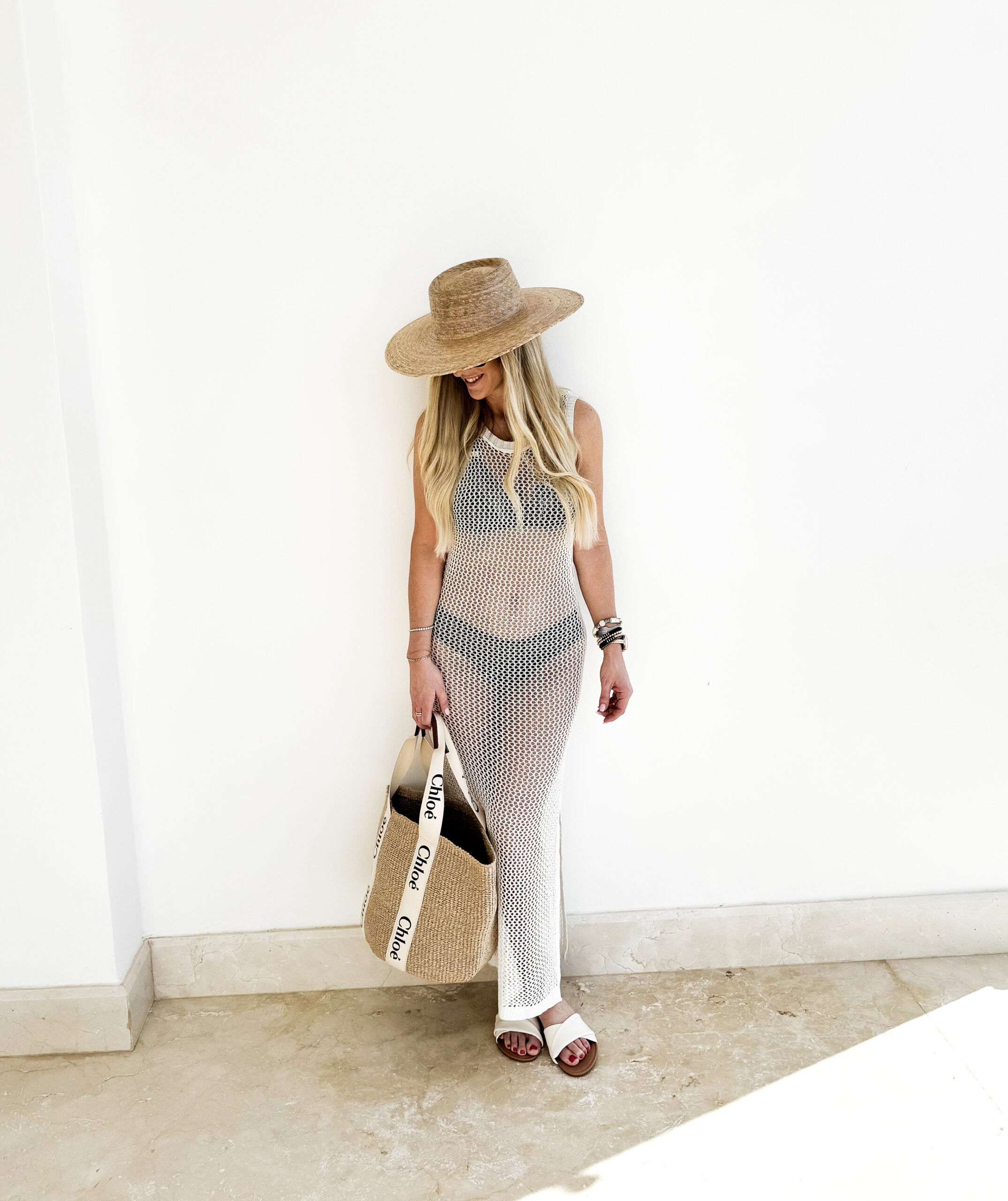 Come With Me to Cabo | Cabo, Mexico, vacation, vacation outfits, vacation style, resort wear, resort style, swim, mesh dress, cover up, sandals, neutral fashion, sun hat, bracelets, two piece swim