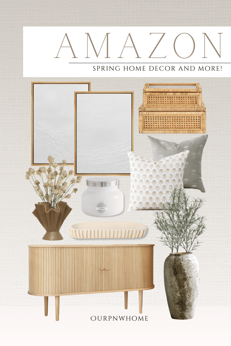 trending spring home decor | spring, spring home decor, home decor, neutral home, modern home, wall art, rattan, faux florals, vase, throw pillows, console table, greenery