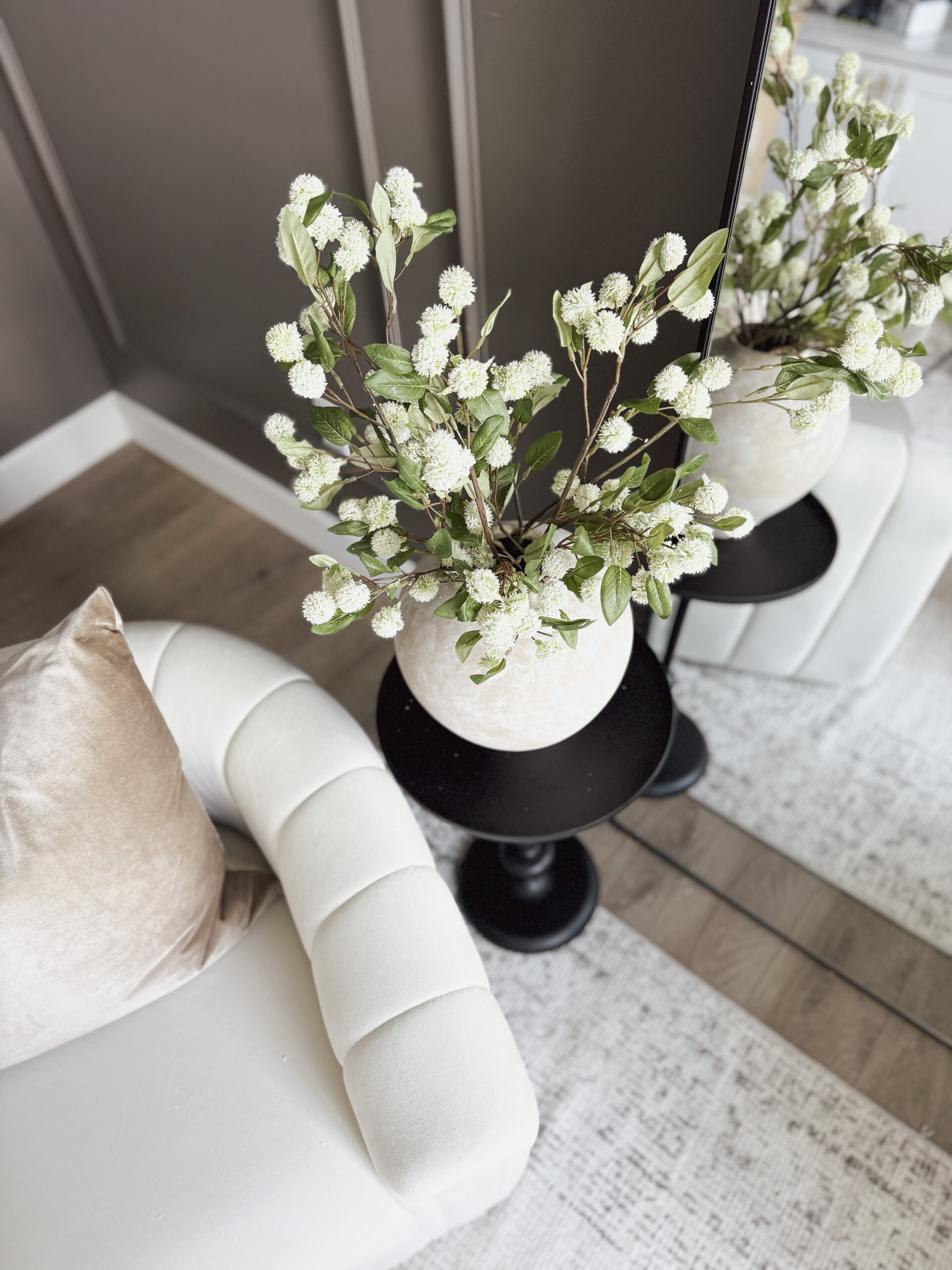 trending spring home decor | spring, spring home decor, home decor, neutral home, home finds, home favorites, home office, faux florals, accent chair, white vase