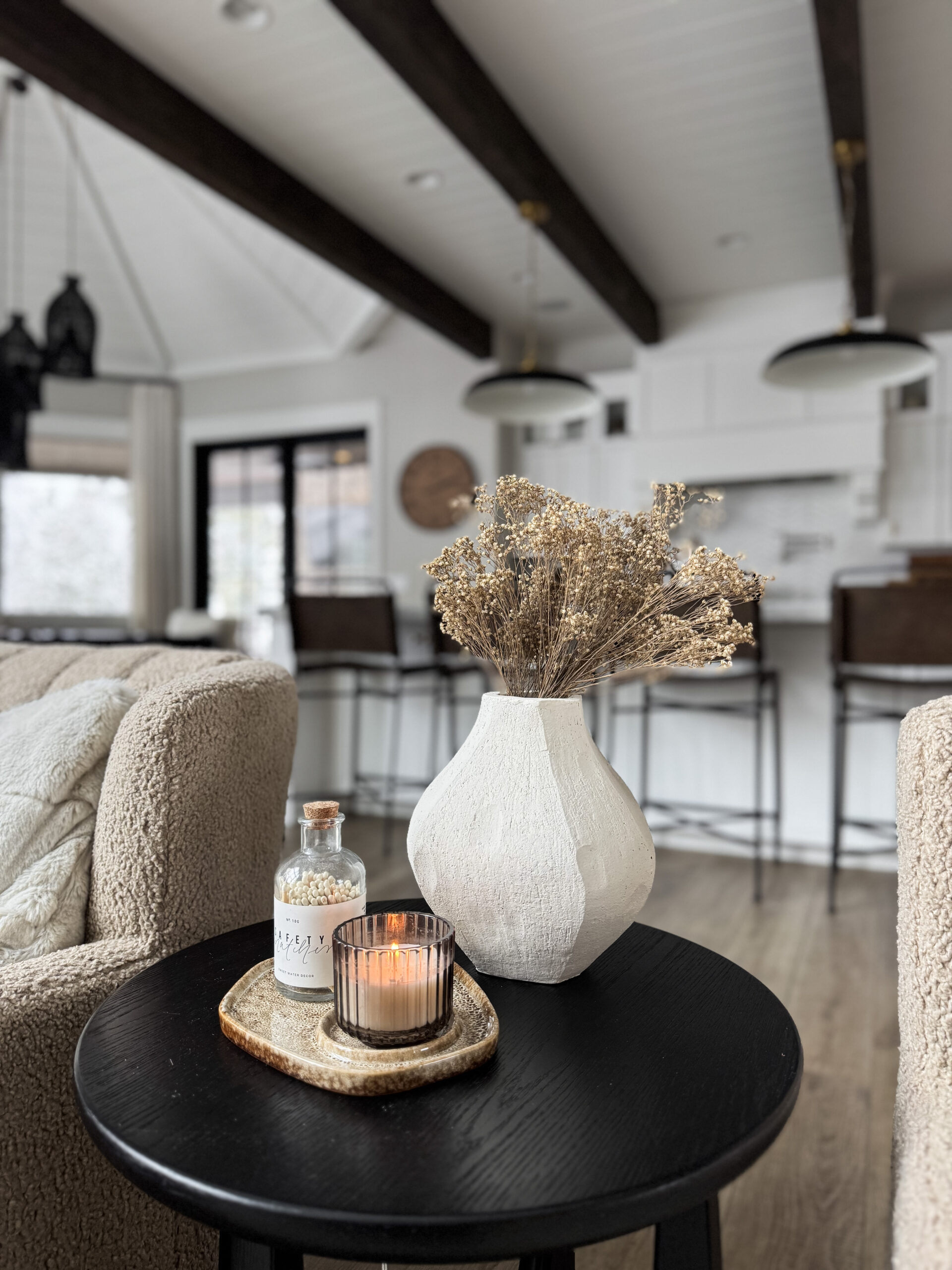 Living Room Styling Timeless and Modern | Living room, living room styling, home, home decor, home favorites, modern home, neutral home, coffee table, end table, side table, vase, faux florals, safety matches
