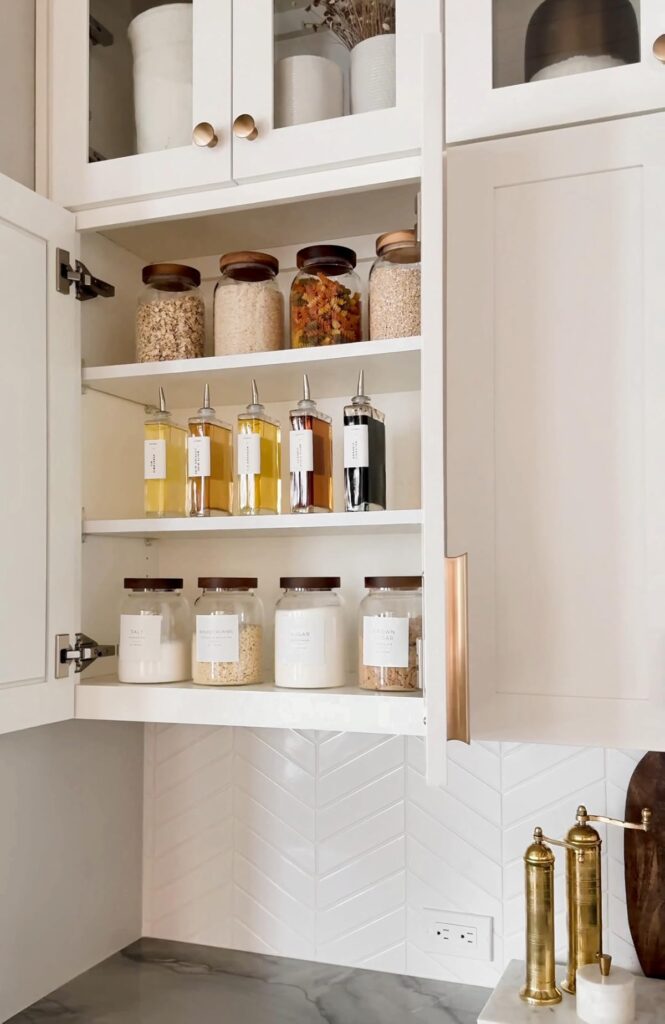 The Art of Home Organization: Simple Strategies, kitchen essentials, cabinet organization, glass jars, glass dispensers, organization