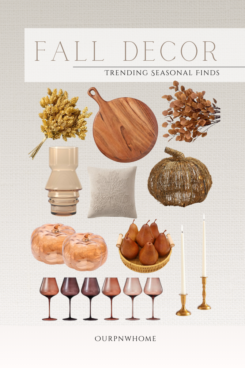 fall in love with your home top decpr trends for the season | fall home, home decor, fall favorites, coffee table styling, seasonal decor, trending finds, wooden accents, pumpkin, candle holder, wine glasses