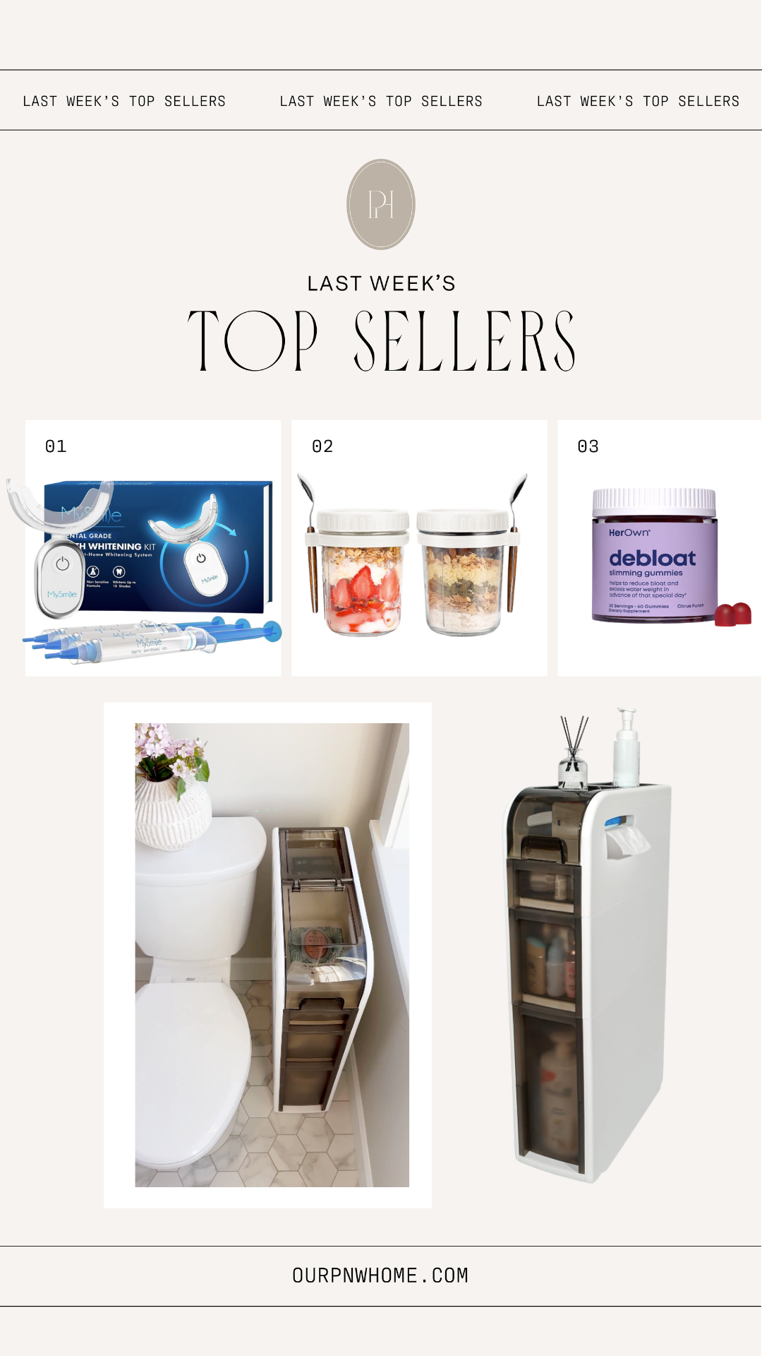 best sellers collage featuring teeth whitening kit, overnight oat jars, debloat gummies, and a slim bathroom organizer