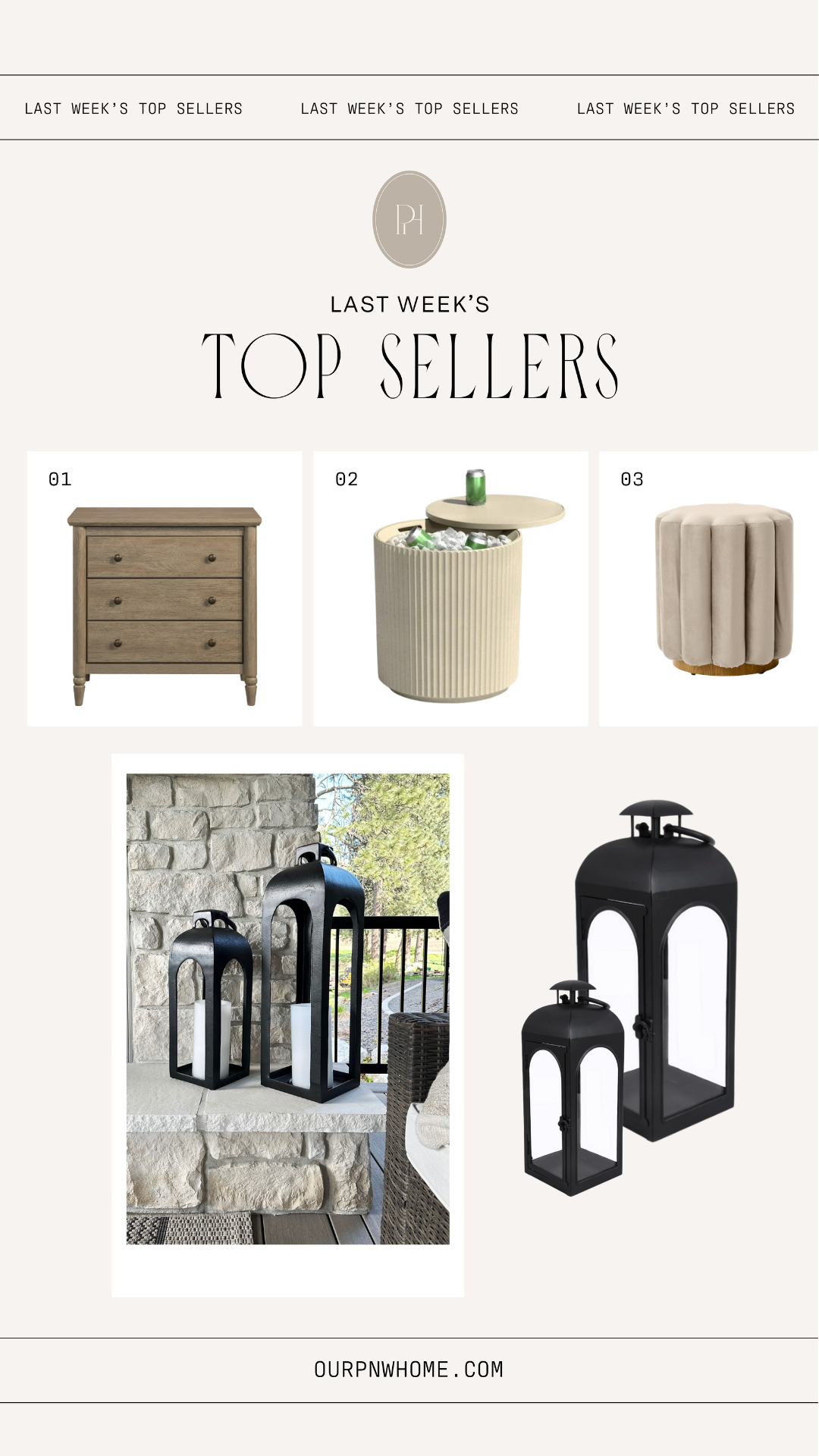 collage of top sellers featuring a nightstand, cooler side table for outdoors, an ottoman, and outdoor lanterns