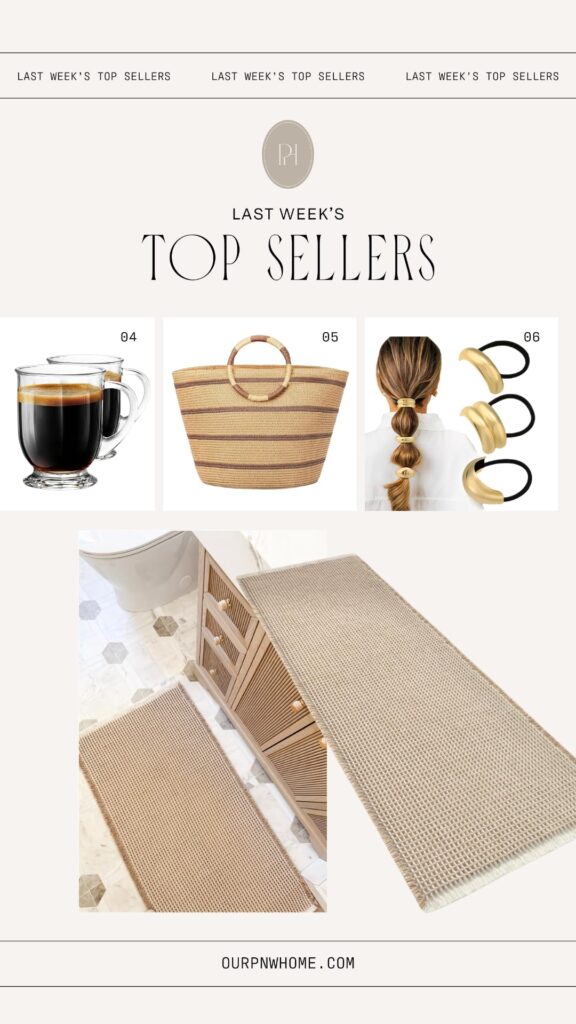 top sellers graphic featuring glass coffee mugs, a tote bag with stripes, gold hair accessories, and a bath mat