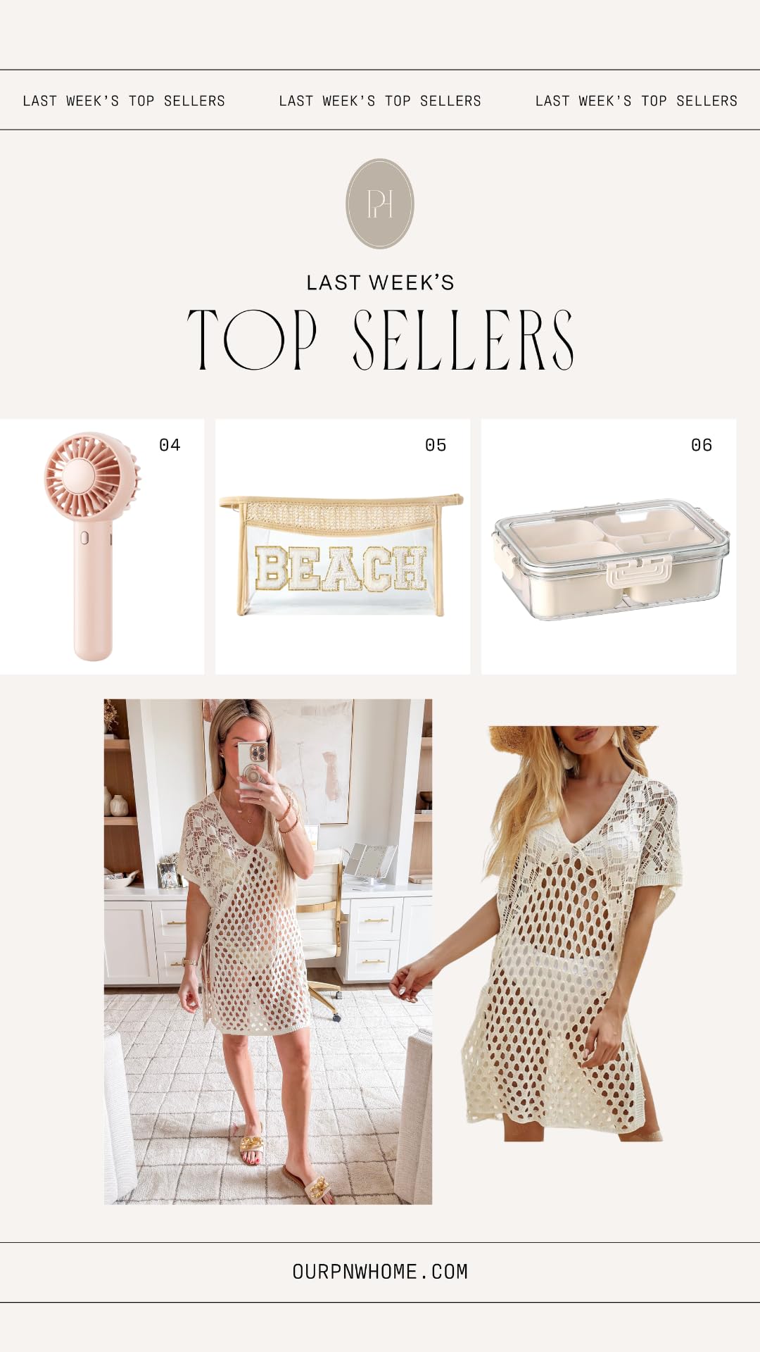 weekly top sellers graphic featuring a mini fan, beach bag, snack organizer, and white sheer swim coverup
