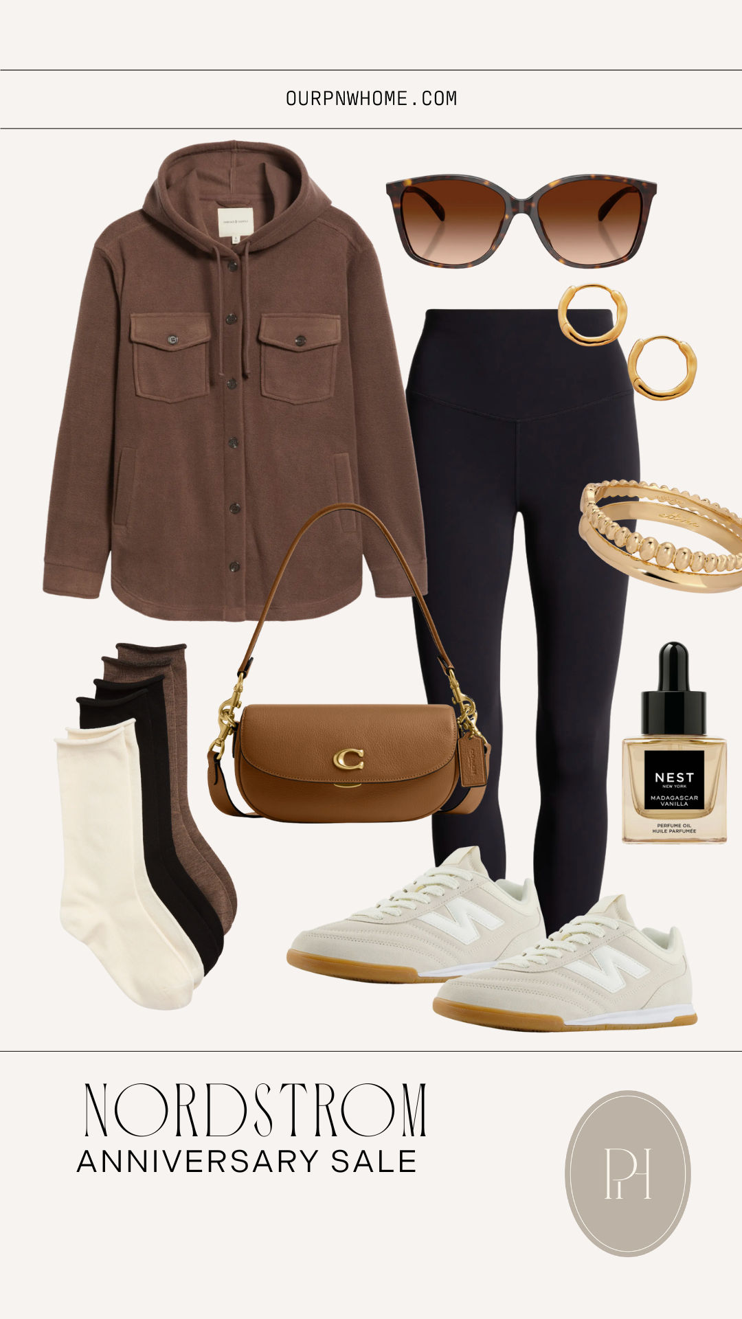 graphic featuring casual fall outfit inspo | hooded fleece shacket, sunglasses, leggings, gold jewelry, coach crossbody purse, socks, sneakers, and perfume oil