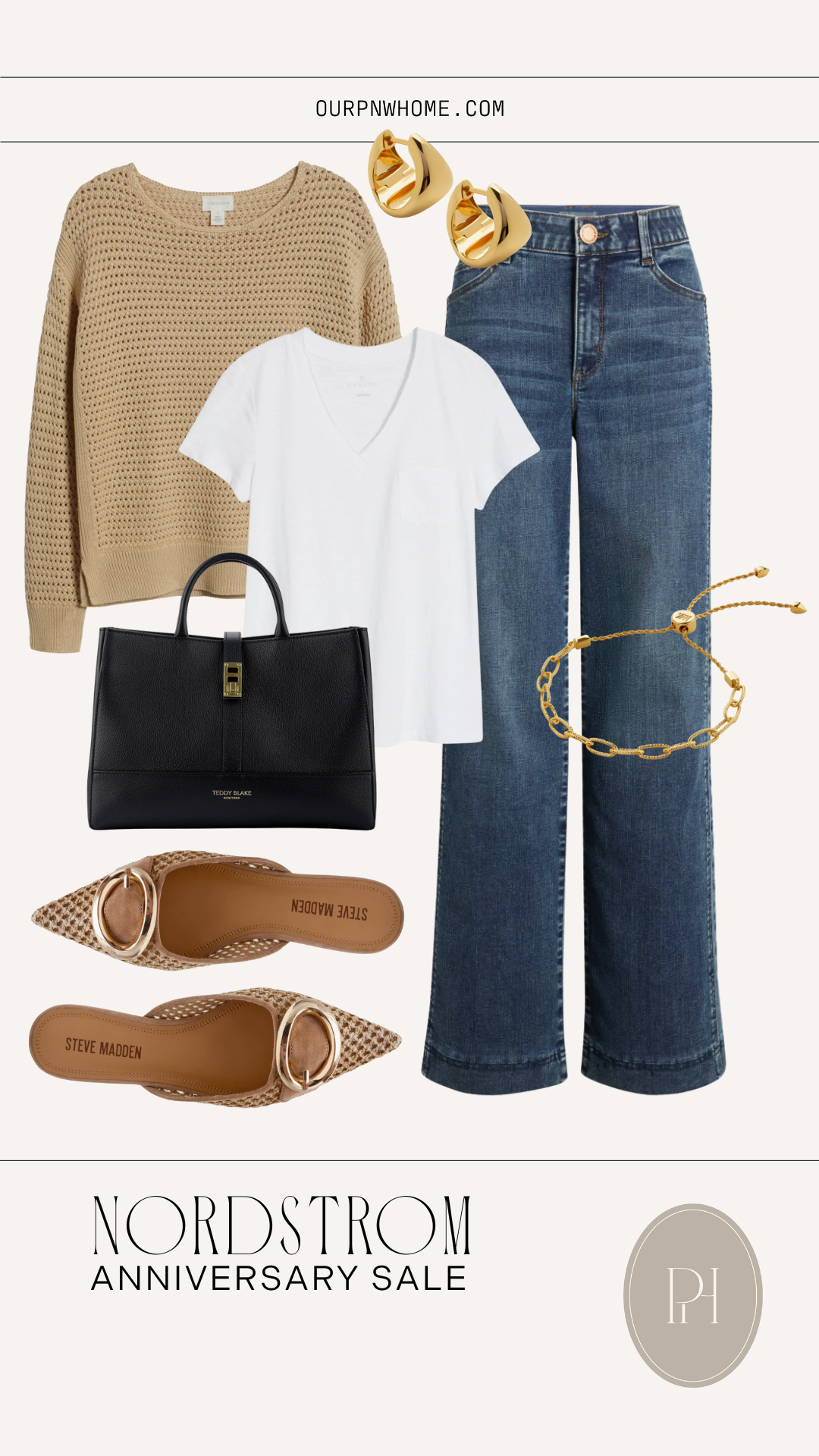 graphic featuring an everyday fall style | sweater, white v-neck, jeans, gold jewelry, black tote bag, mules, gold bracelet