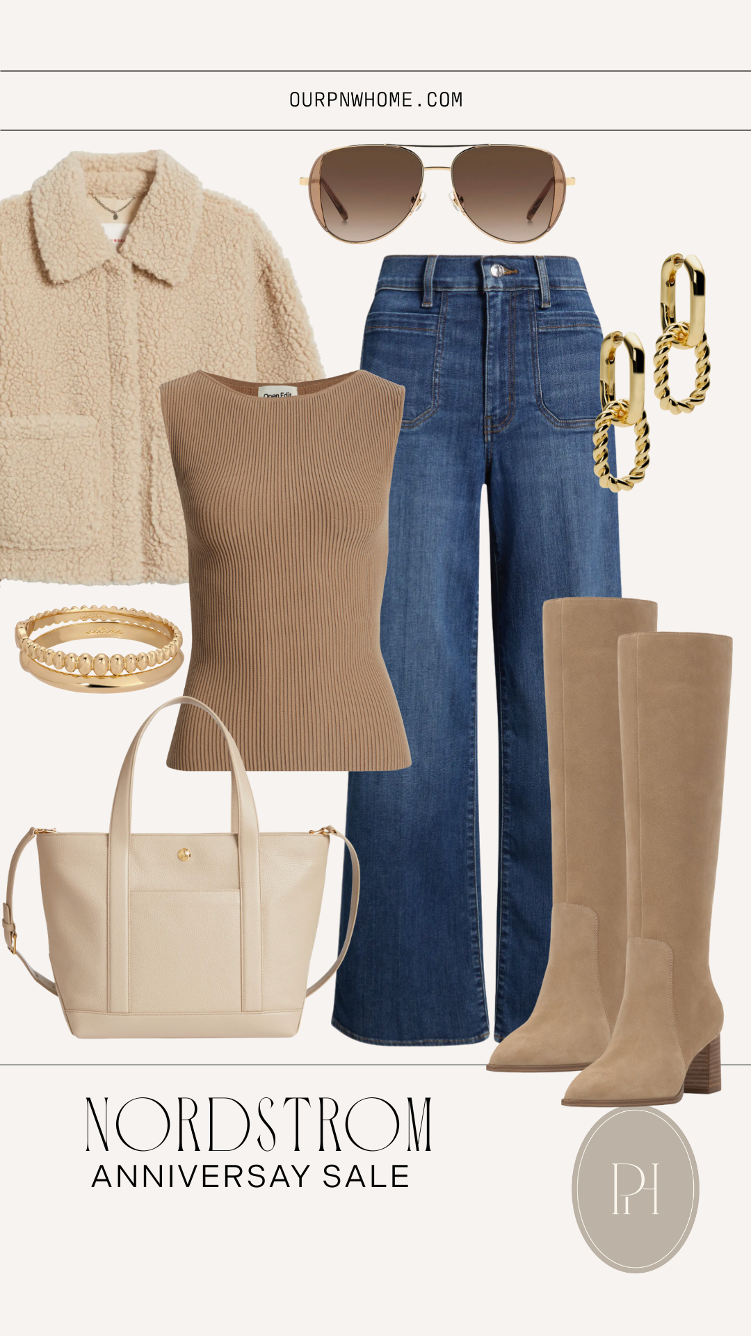 graphic featuring a trendy fall look | faux fur crop jacket, sweater tank, denim jeans, sunglasses, knee high boots, leather tote