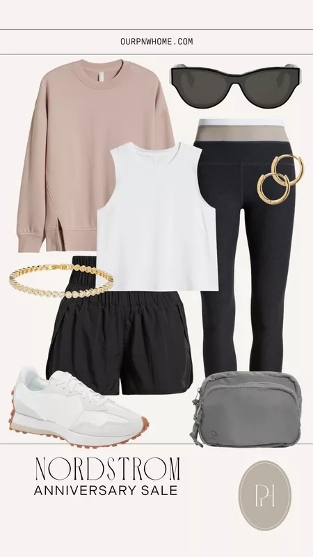 graphic featuring fall athleisure look | sweatshirt, tank top, sunglasses leggings, shorts, gold accessories, belt bag, sneakers