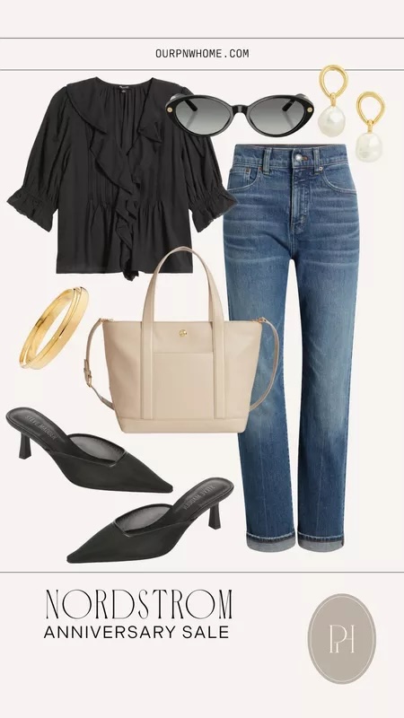 graphic featuring a business casual look | black ruffle top, sunglasses, denim jeans, earrings, gold bracelets, tote bag, heels