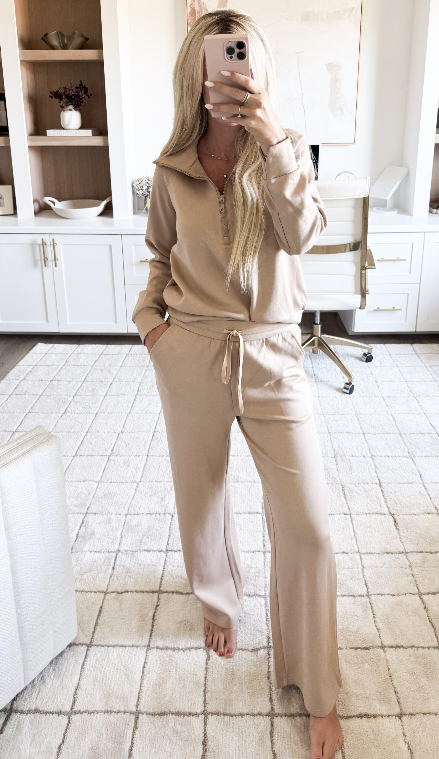 image of woman wearing a neutral matching outfit perfect for lounge or travel