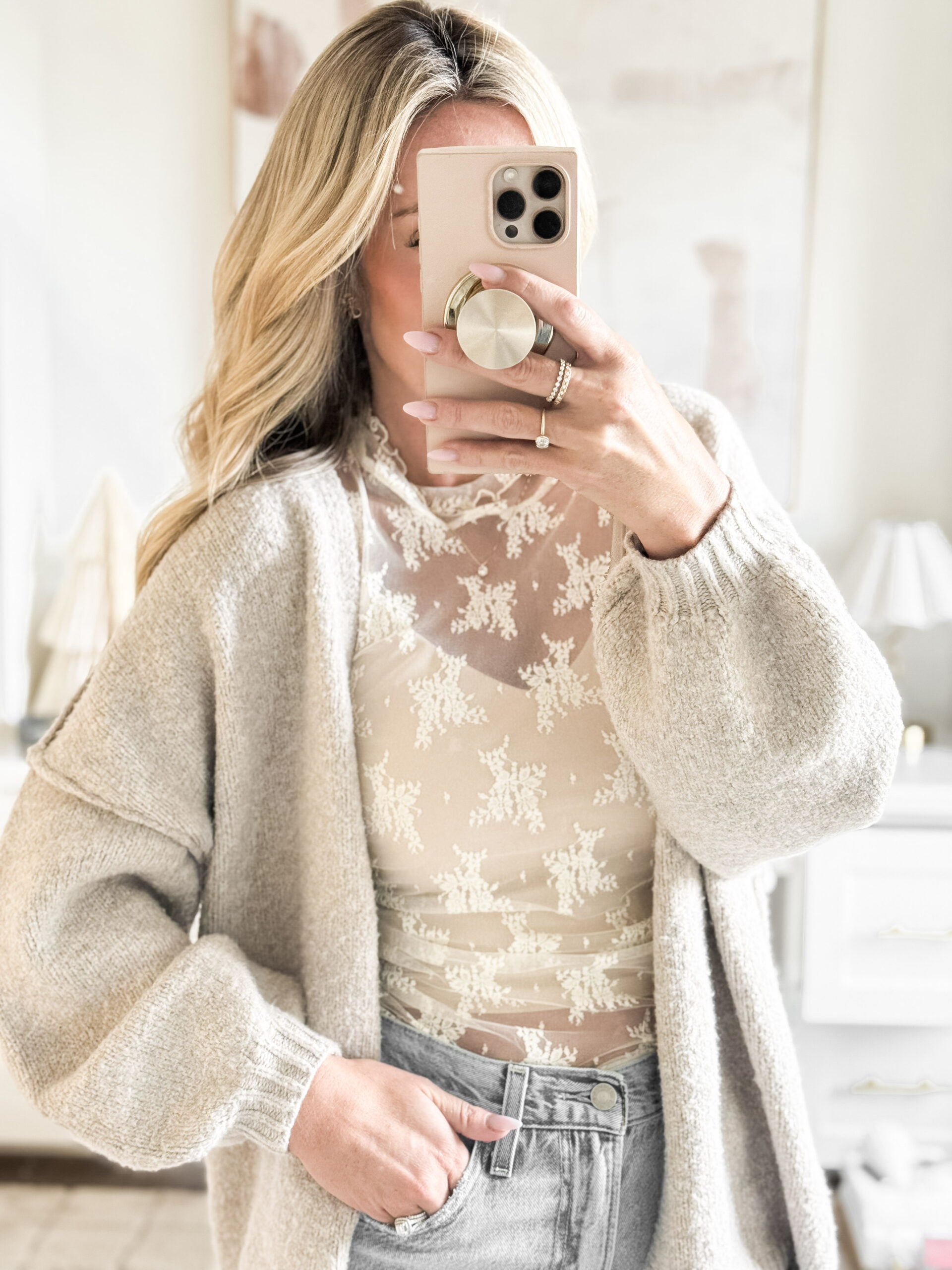 casual fall outfit ideas, lace top, oversized cardigan, fall layers, barrel jeans