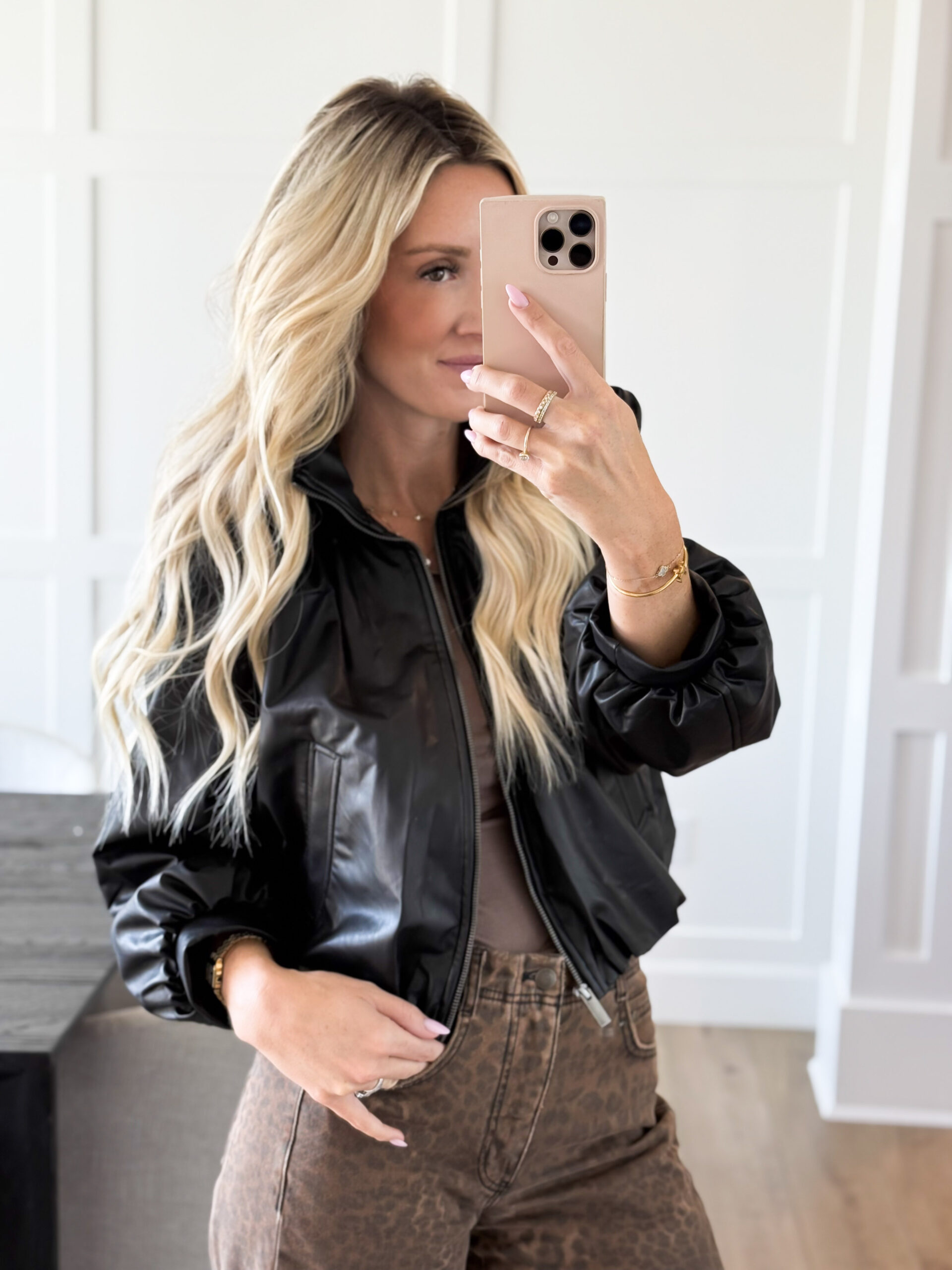 casual fall outfit ideas, bomber jacket, faux leather jacket, leopard pants