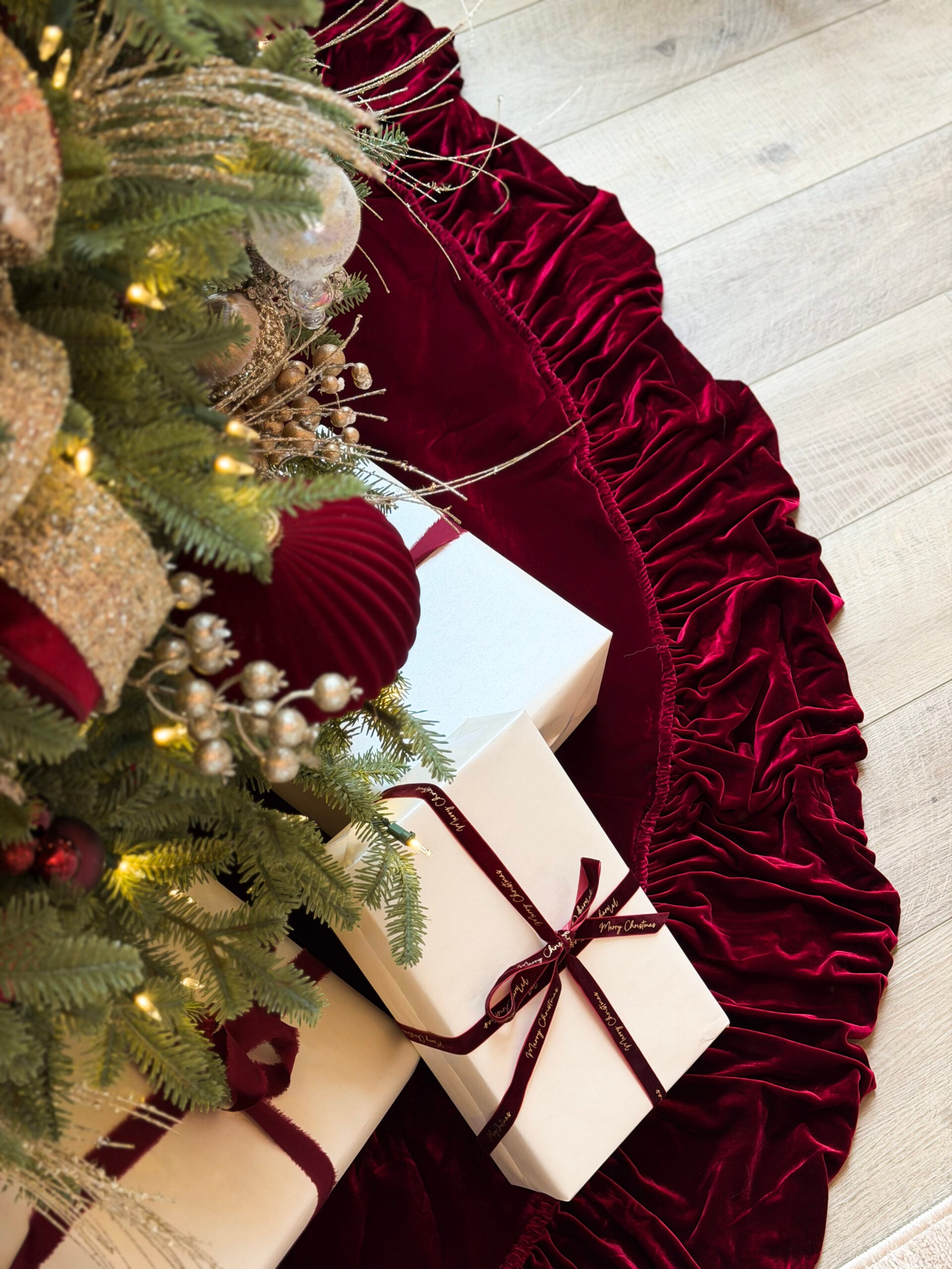 no regret holiday decor | velvet tree skirt, burgundy tree skirt, luxe gift wrapping