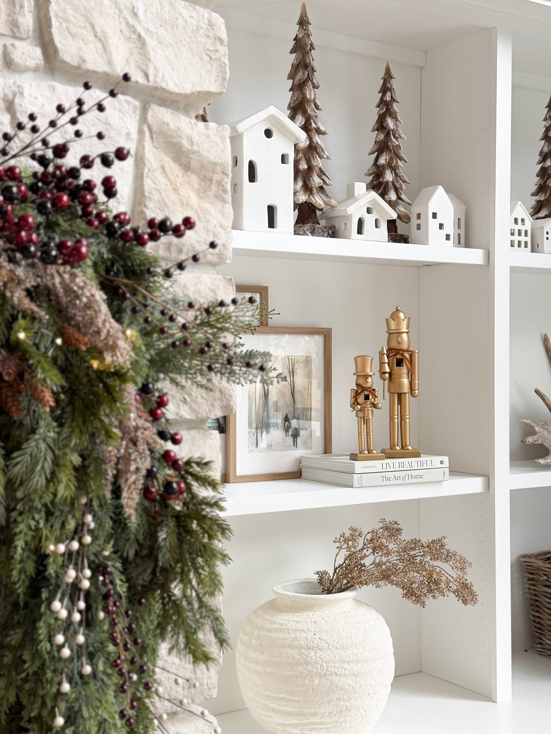 no regret holiday decor | nutcracker, christmas village, wooden trees, built in shelf styling