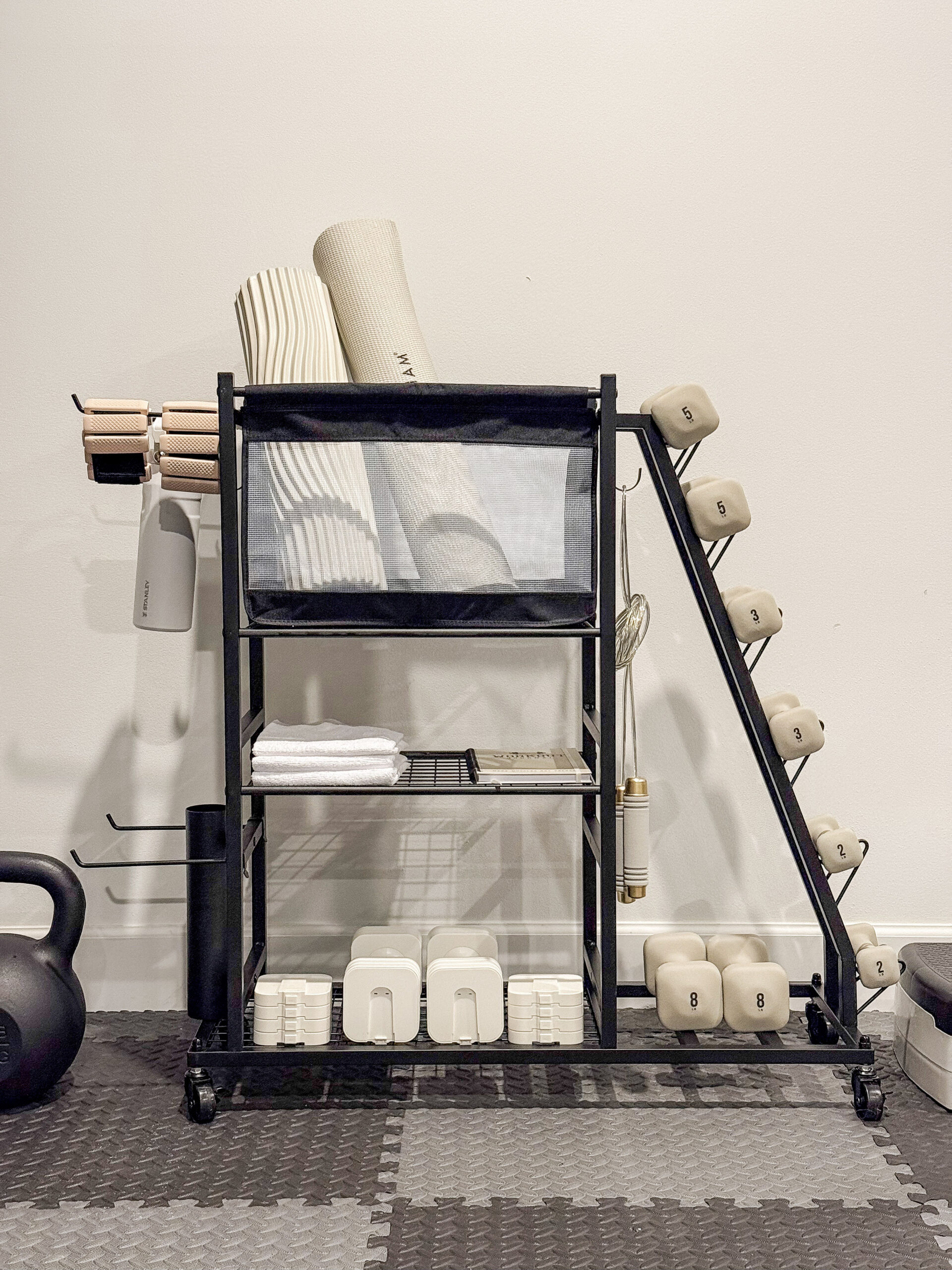 rolling gym cart with gym accessories