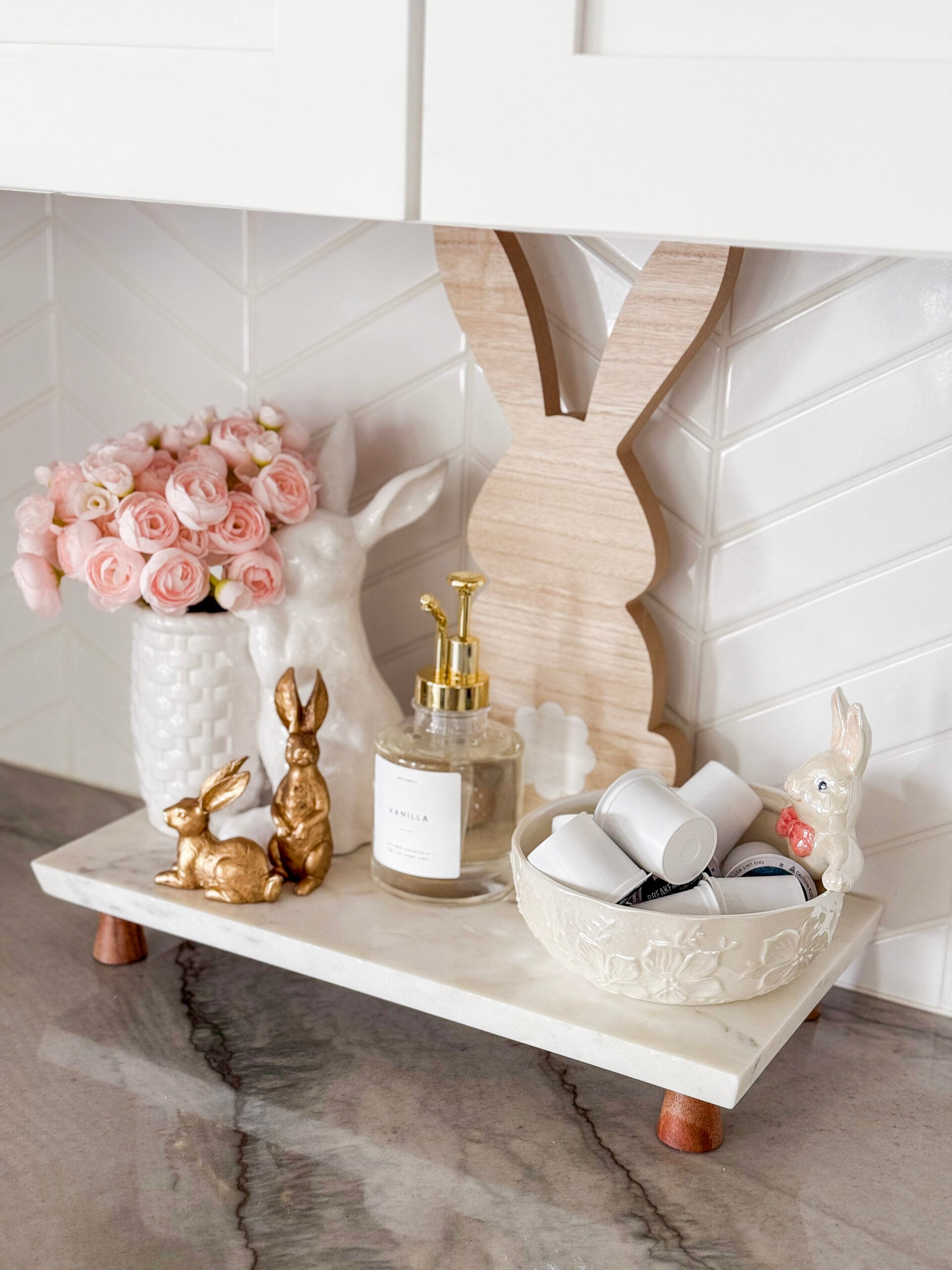 spring coffee bar set up with easter decor and faux florals