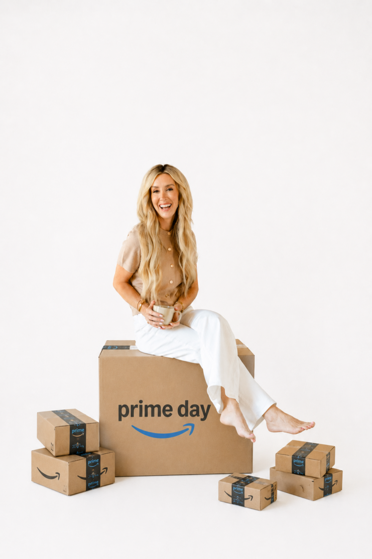 woman sitting on Prime box