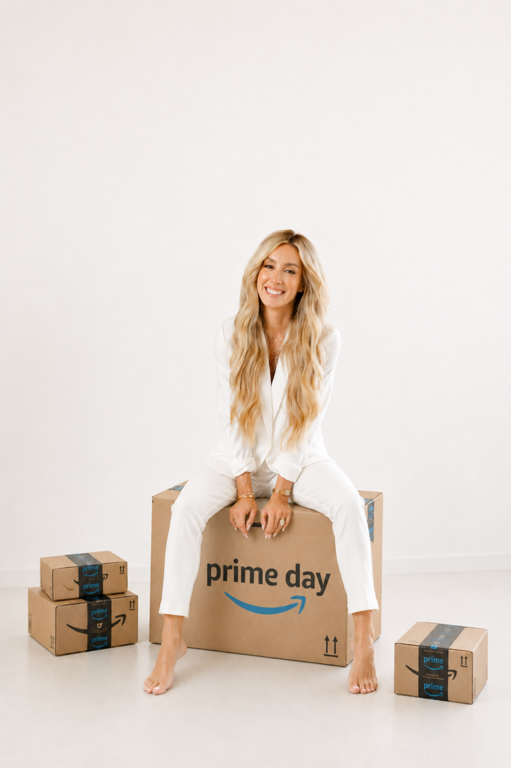 woman sitting on Prime box