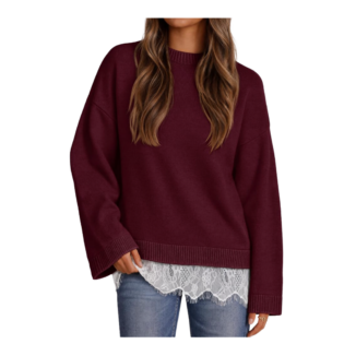 burgundy sweater with white lace hem